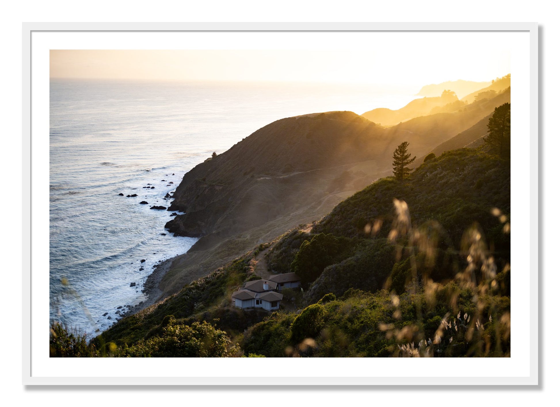 Framed photograph of Big Sur Sunset by Dylan Ozanich, White frame, Borders