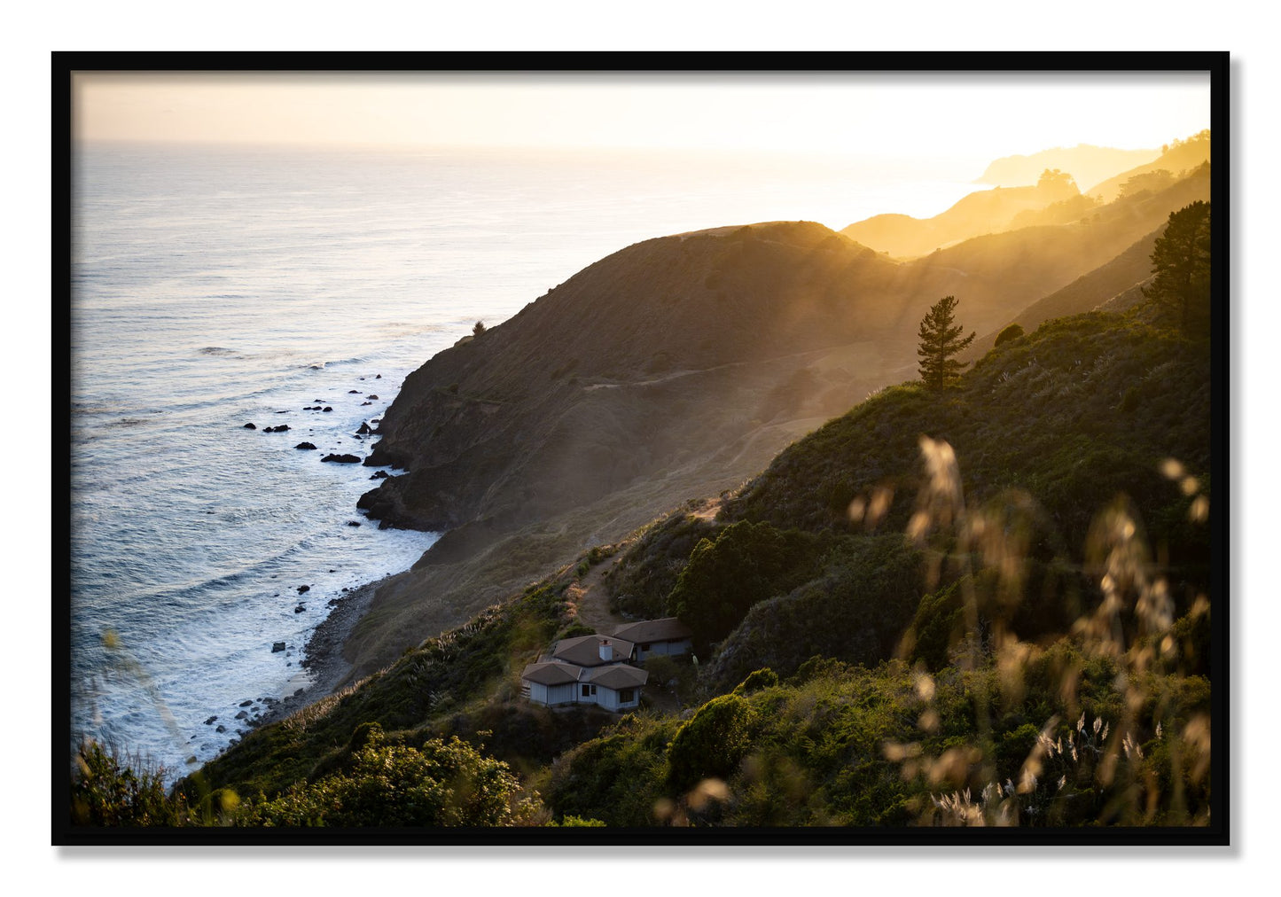 Framed photograph of Big Sur Sunset by Dylan Ozanich, Black frame, Full Bleed