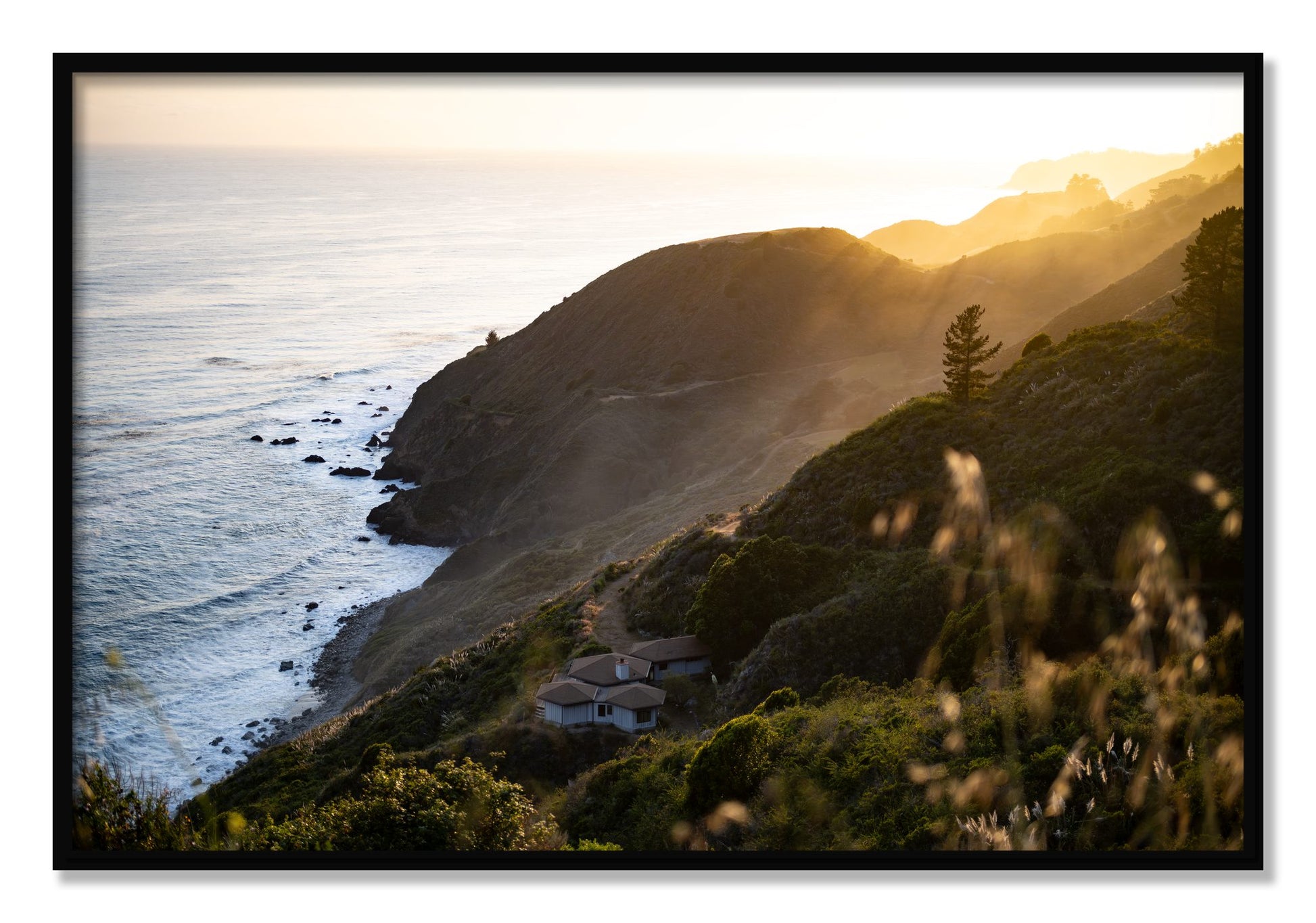 Framed photograph of Big Sur Sunset by Dylan Ozanich, Black frame, Full Bleed