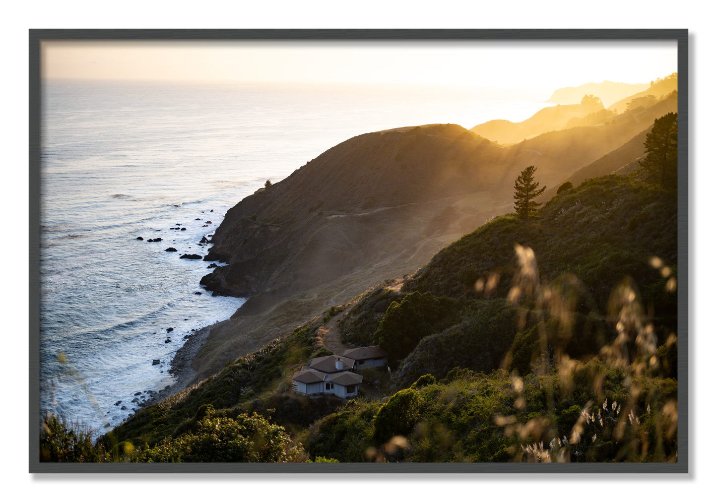 Framed photograph of Big Sur Sunset by Dylan Ozanich, Grey frame, Full Bleed