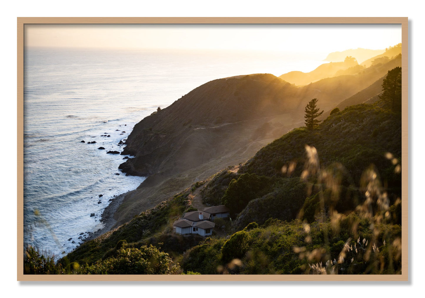 Framed photograph of Big Sur Sunset by Dylan Ozanich, Oak frame, Full Bleed