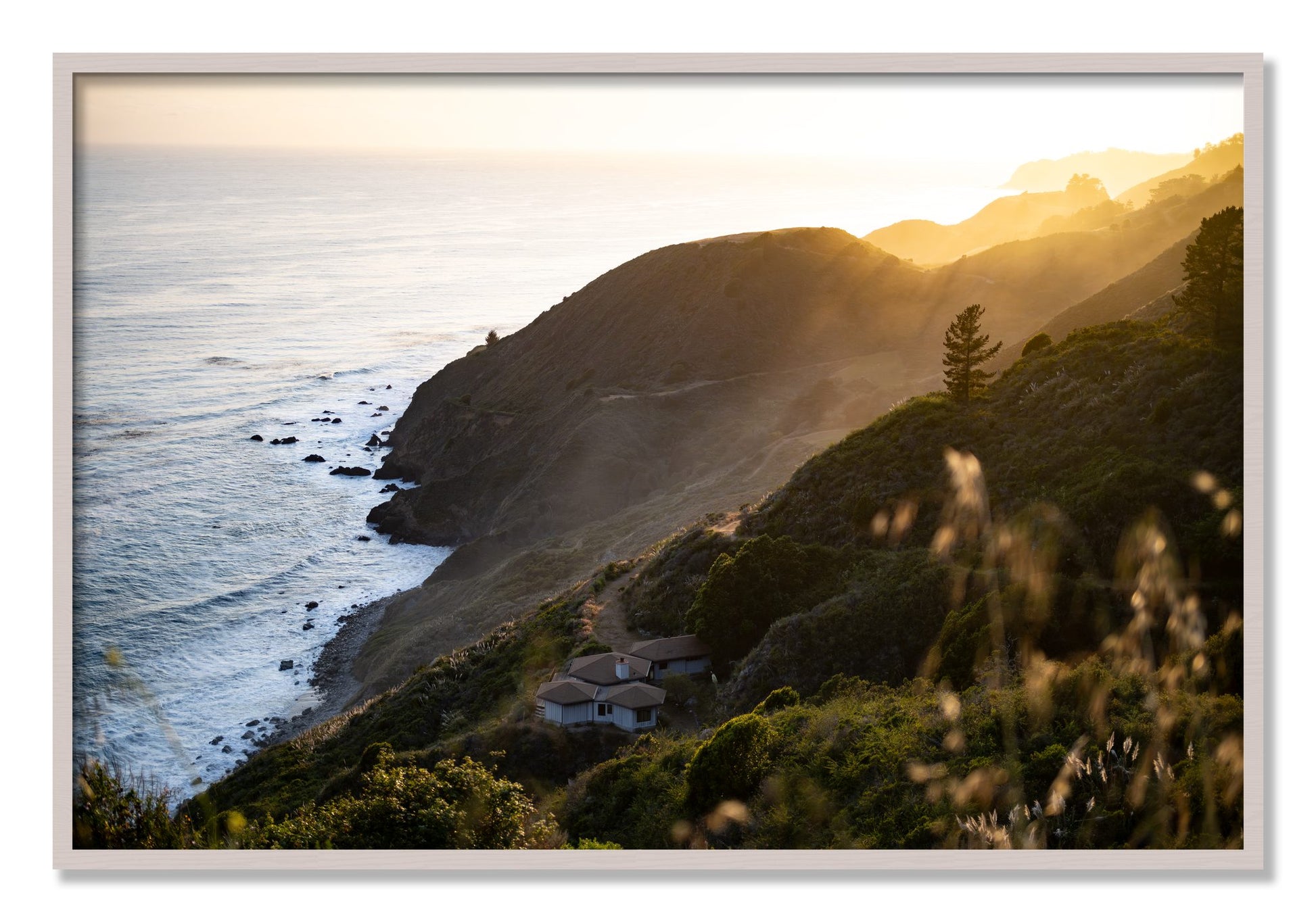 Framed photograph of Big Sur Sunset by Dylan Ozanich, White Maple frame, Full Bleed