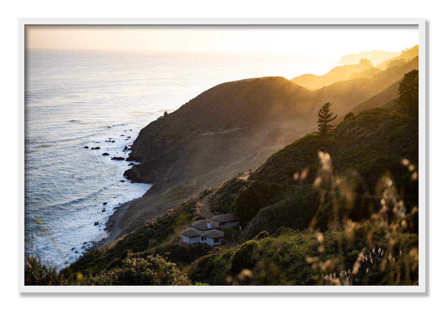 Framed photograph of Big Sur Sunset by Dylan Ozanich, White frame, Full Bleed