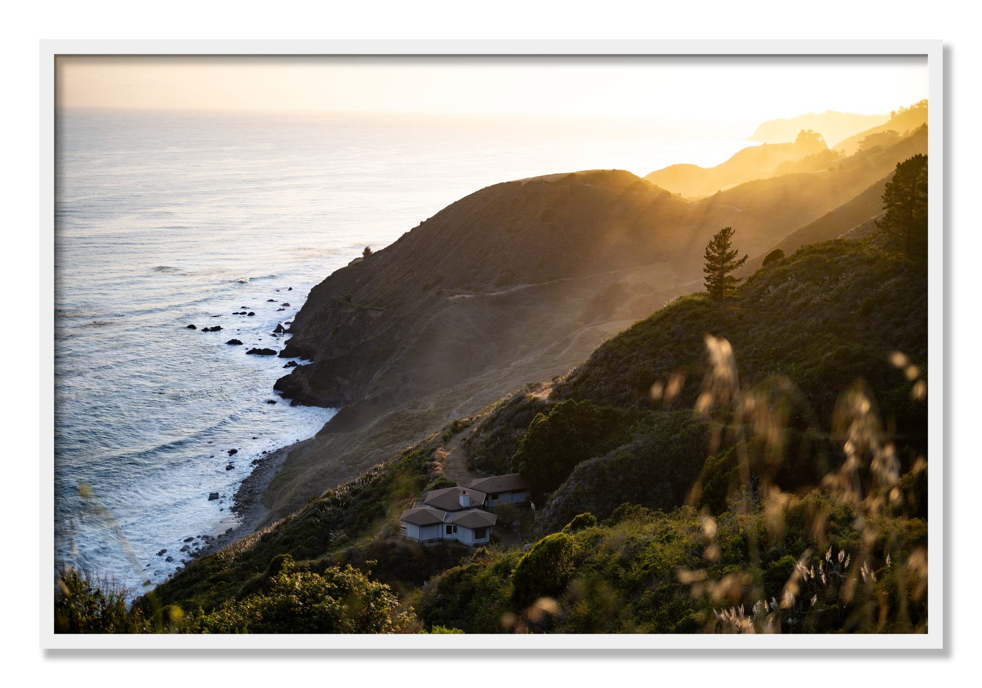 Framed photograph of Big Sur Sunset by Dylan Ozanich, White frame, Full Bleed