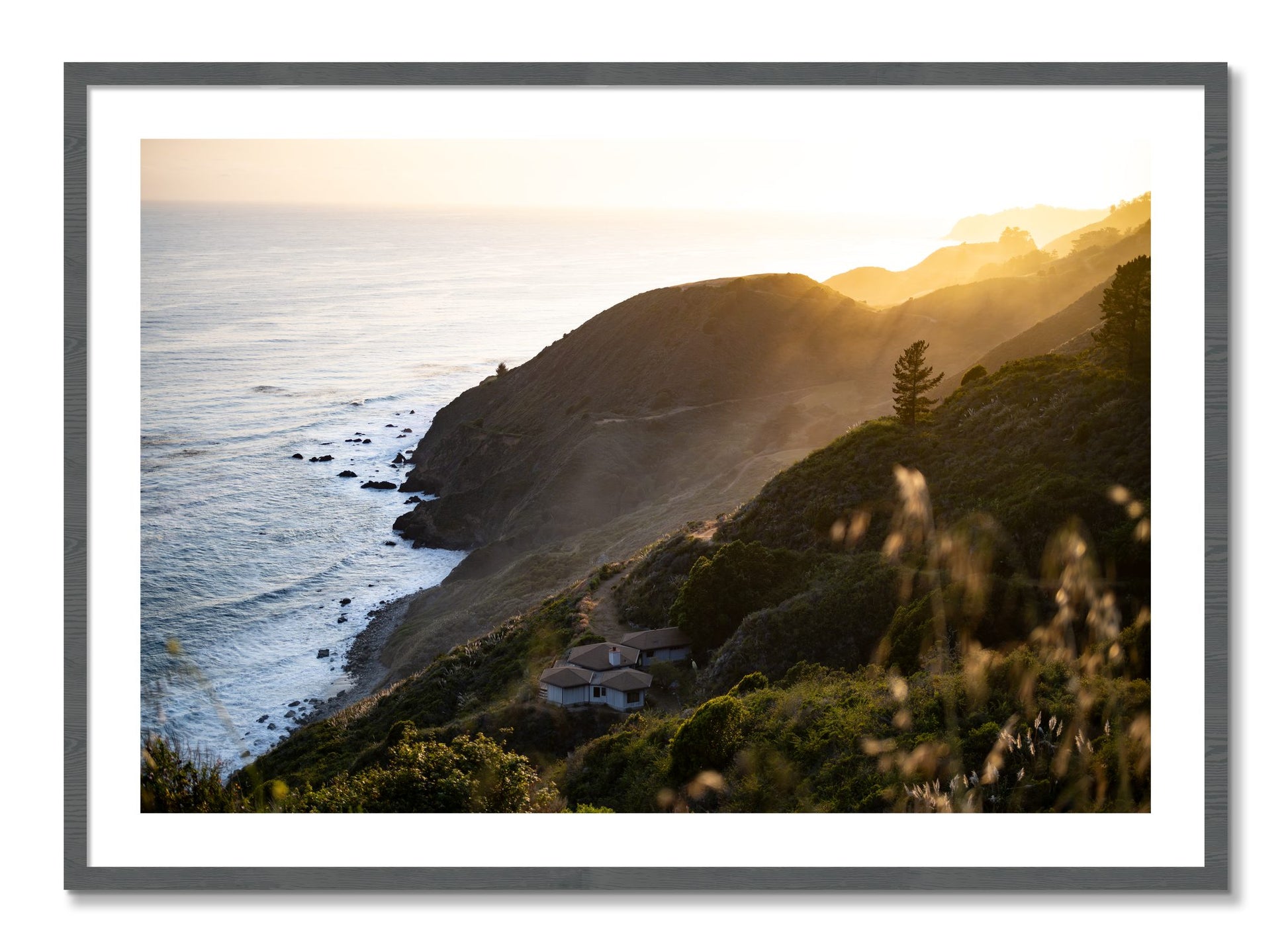 Framed photograph of Big Sur Sunset by Dylan Ozanich, Grey frame, Borders