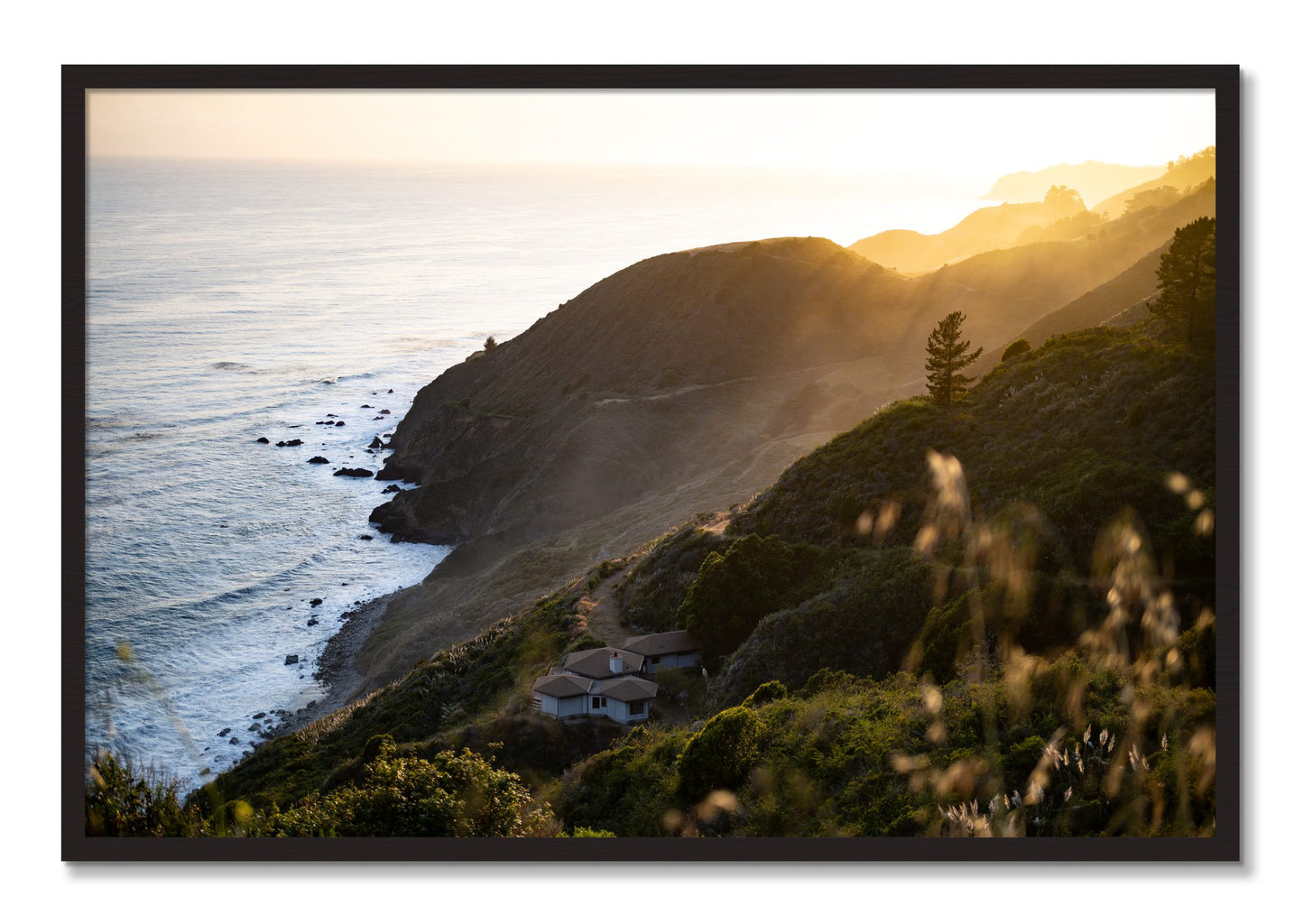 Framed photograph of Big Sur Sunset by Dylan Ozanich, Black Walnut frame, Full Bleed