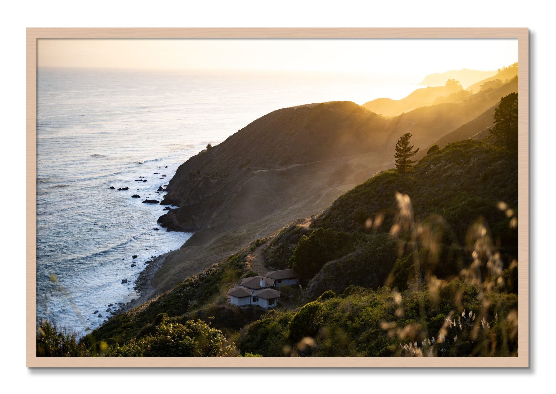 Framed photograph of Big Sur Sunset by Dylan Ozanich, Maple frame, Full Bleed