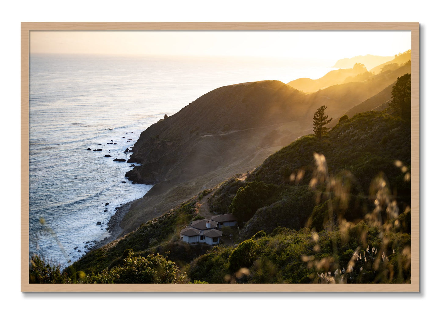 Framed photograph of Big Sur Sunset by Dylan Ozanich, Oak frame, Full Bleed