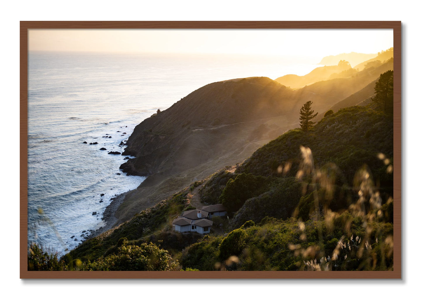Framed photograph of Big Sur Sunset by Dylan Ozanich, Walnut frame, Full Bleed