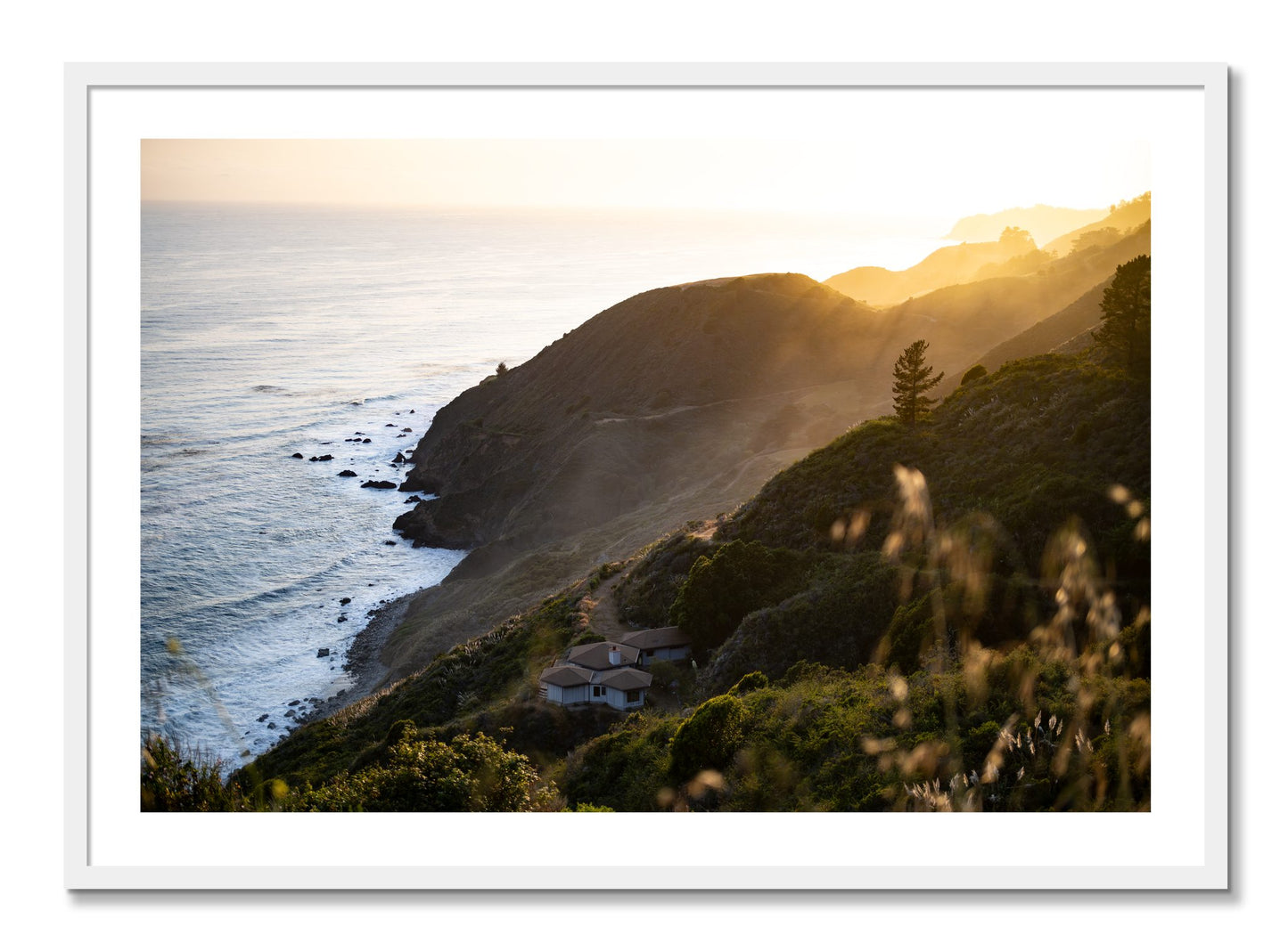 Framed photograph of Big Sur Sunset by Dylan Ozanich, White frame, Full Bleed