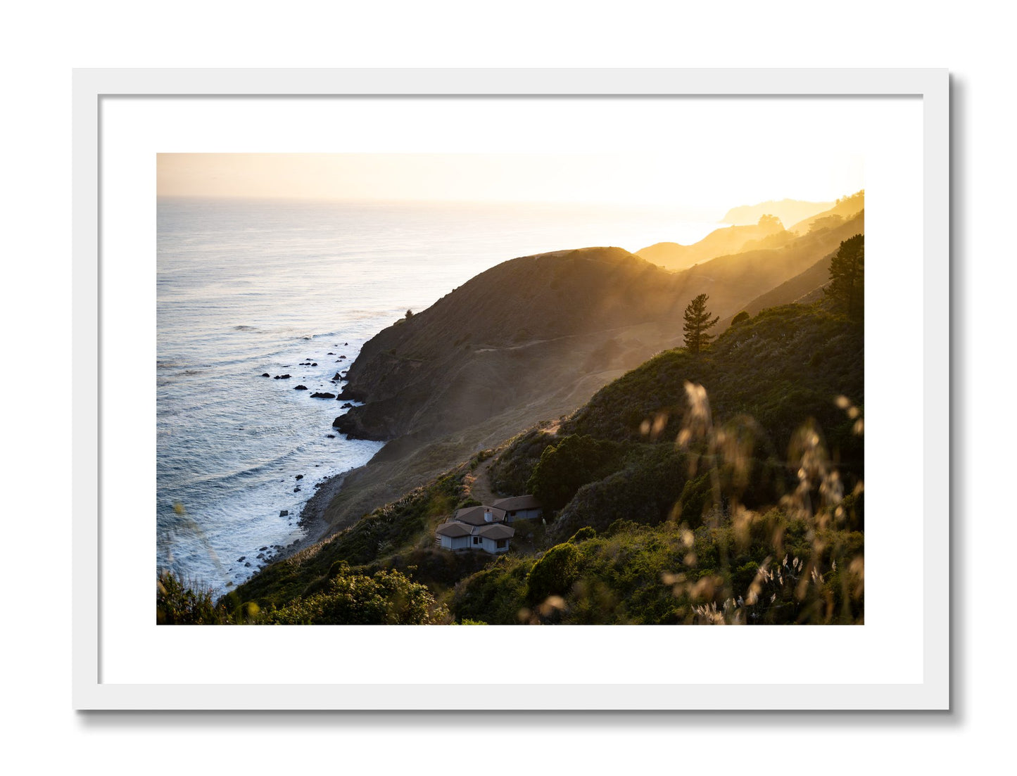 Framed photograph of Big Sur Sunset by Dylan Ozanich, White frame, Borders
