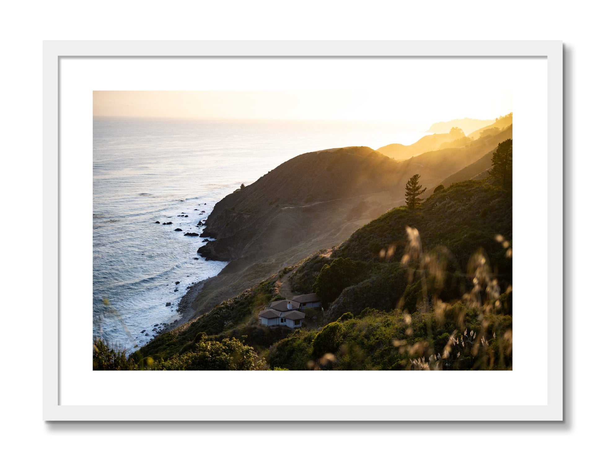 Framed photograph of Big Sur Sunset by Dylan Ozanich, White frame, Borders