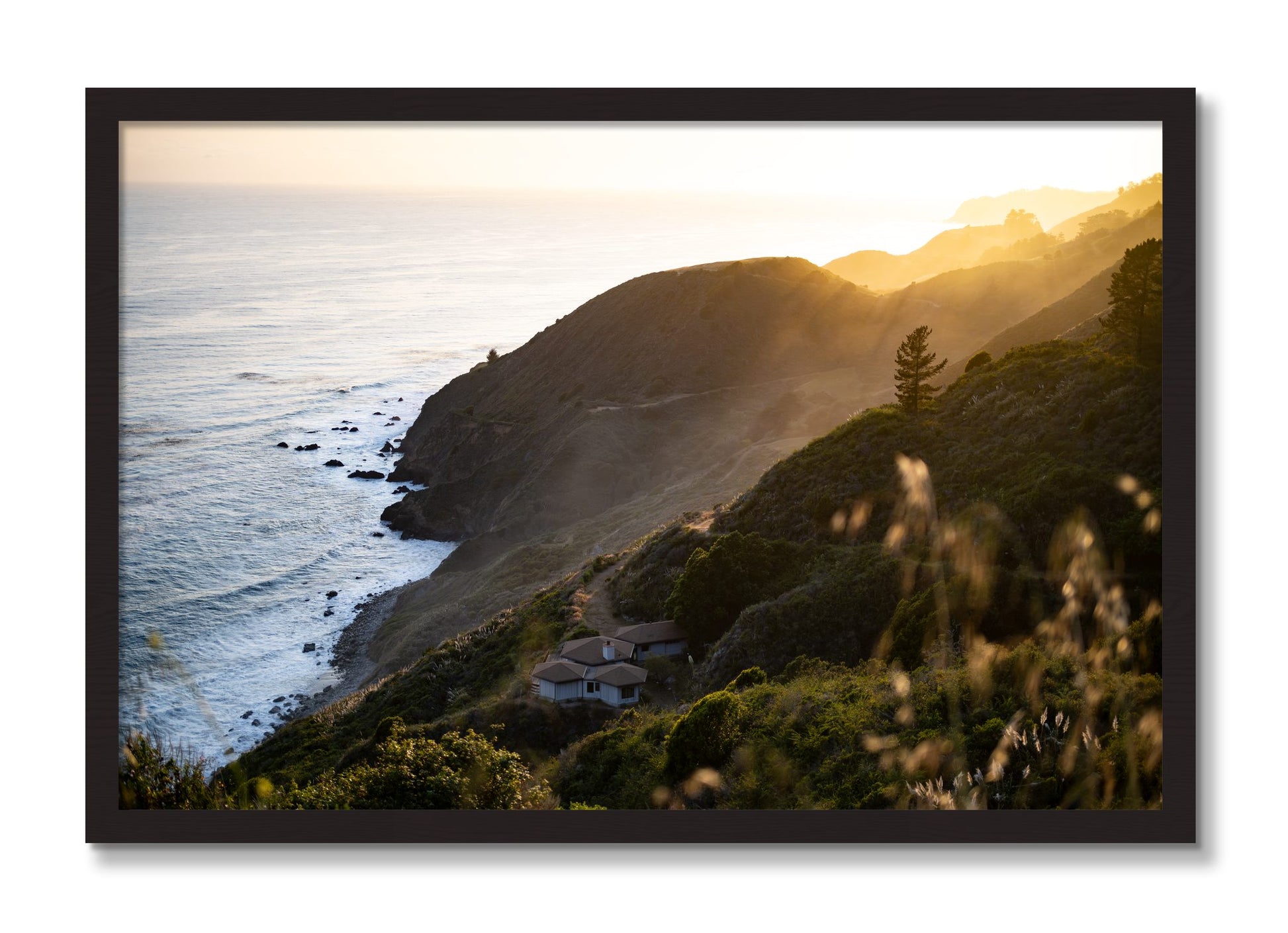 Framed photograph of Big Sur Sunset by Dylan Ozanich, Black Walnut frame, Full Bleed