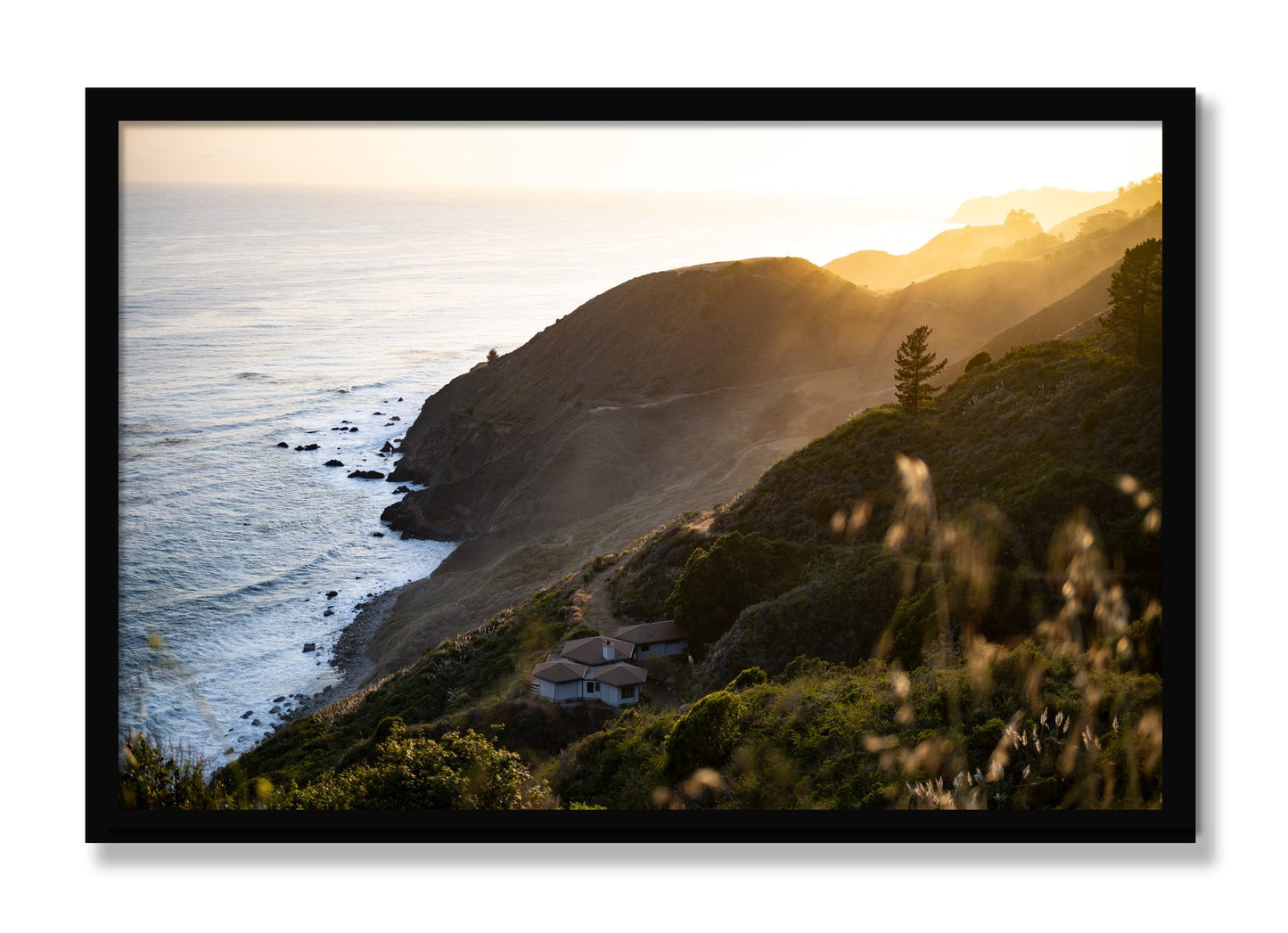Framed photograph of Big Sur Sunset by Dylan Ozanich, Black frame, Full Bleed