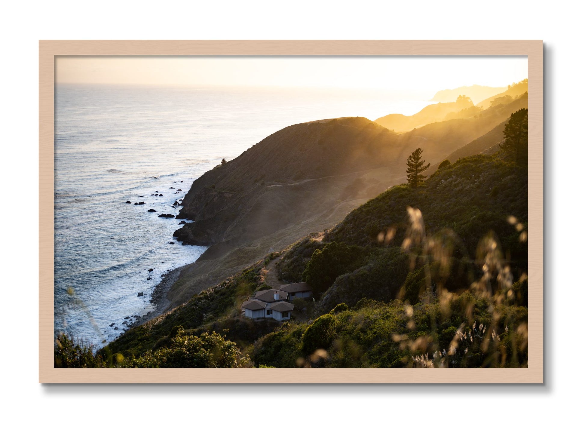 Framed photograph of Big Sur Sunset by Dylan Ozanich, Maple frame, Full Bleed
