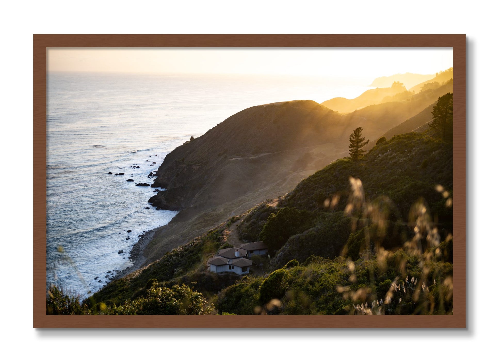 Framed photograph of Big Sur Sunset by Dylan Ozanich, Walnut frame, Full Bleed