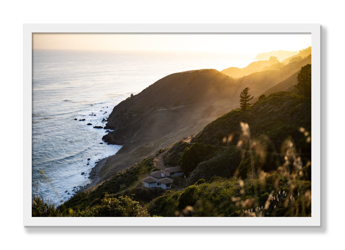 Framed photograph of Big Sur Sunset by Dylan Ozanich, White frame, Full Bleed