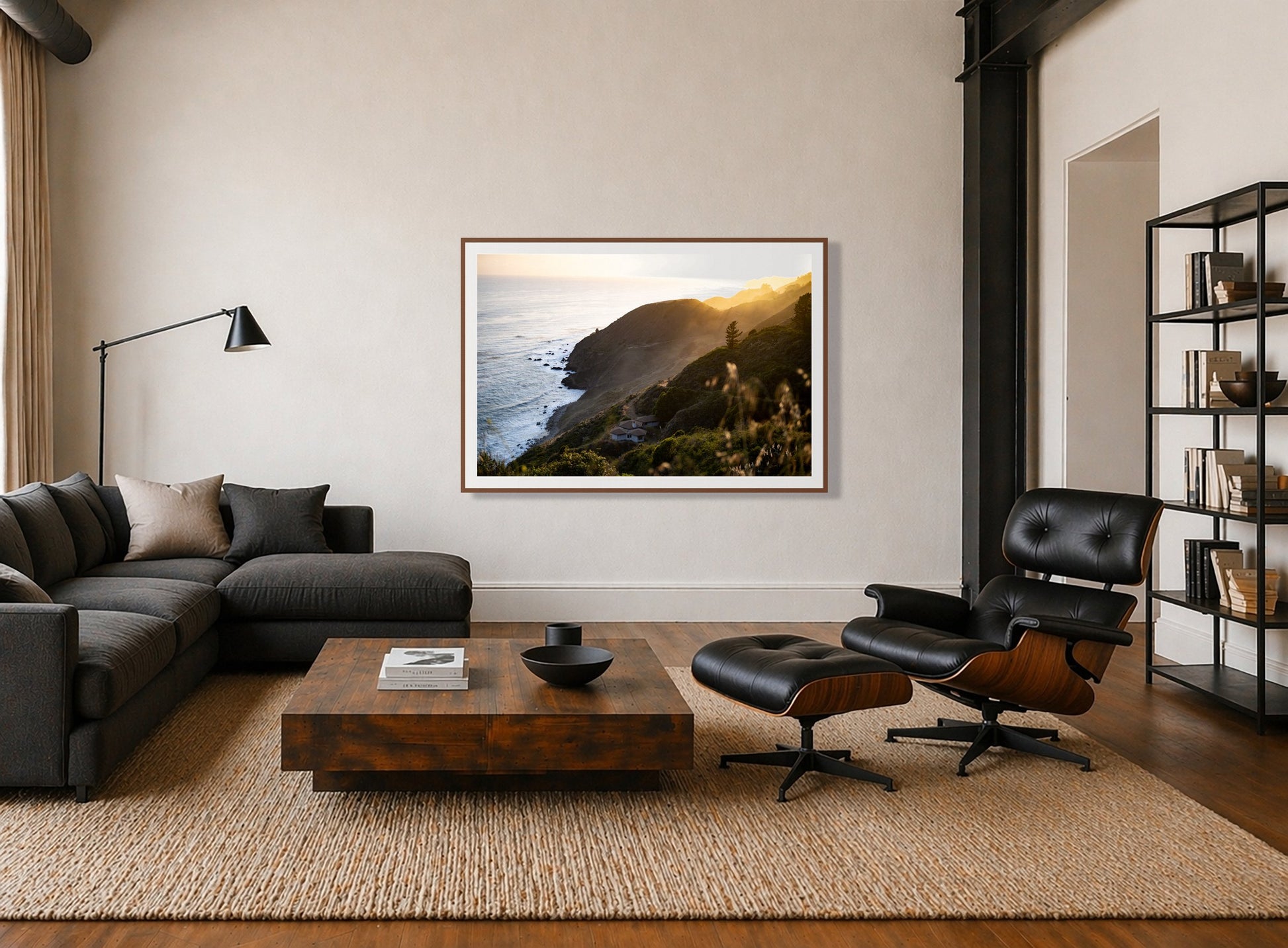 Framed photograph of Big Sur Sunset by Dylan Ozanich displayed on a wall