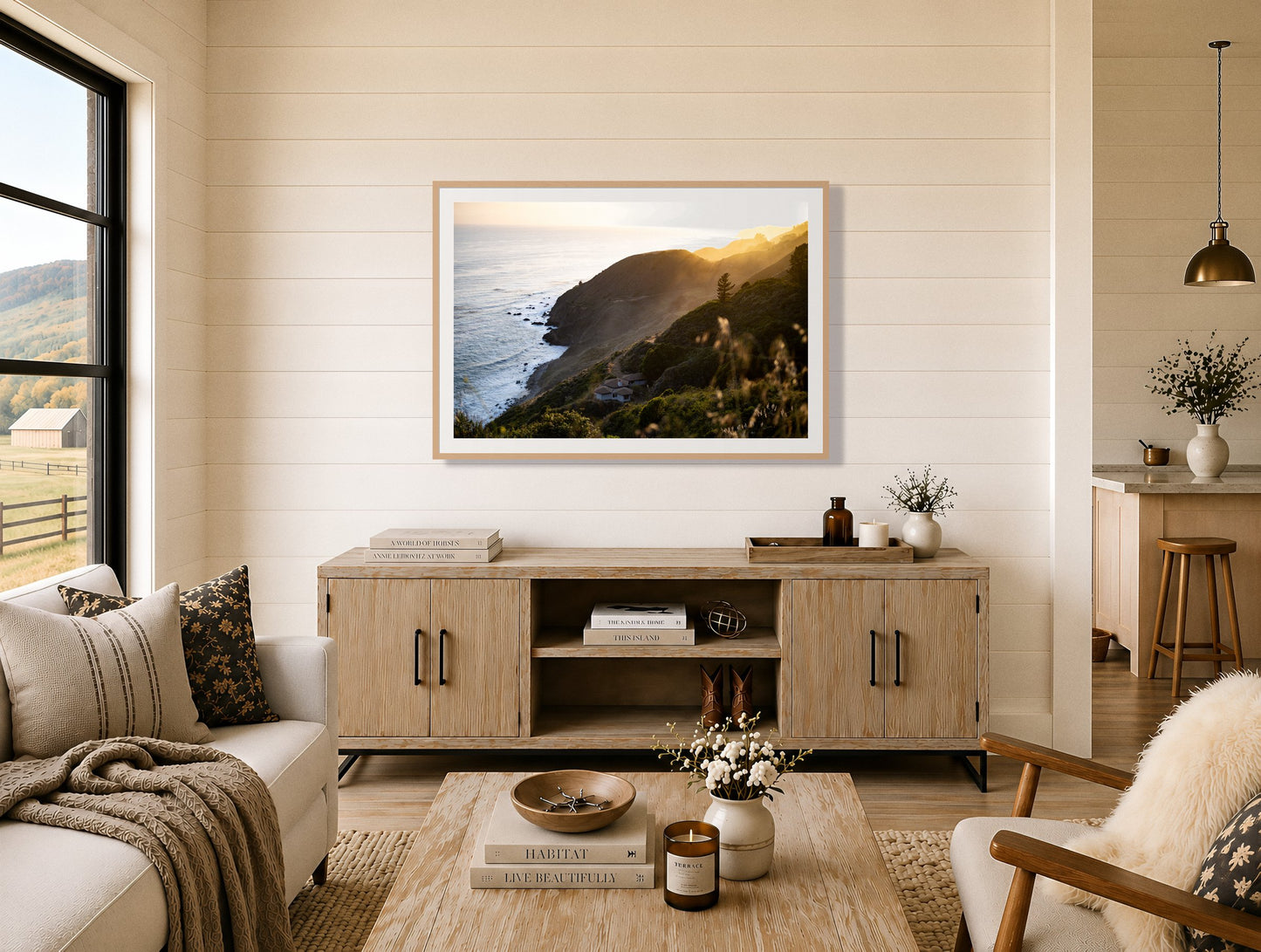Framed photograph of Big Sur Sunset by Dylan Ozanich displayed on a wall