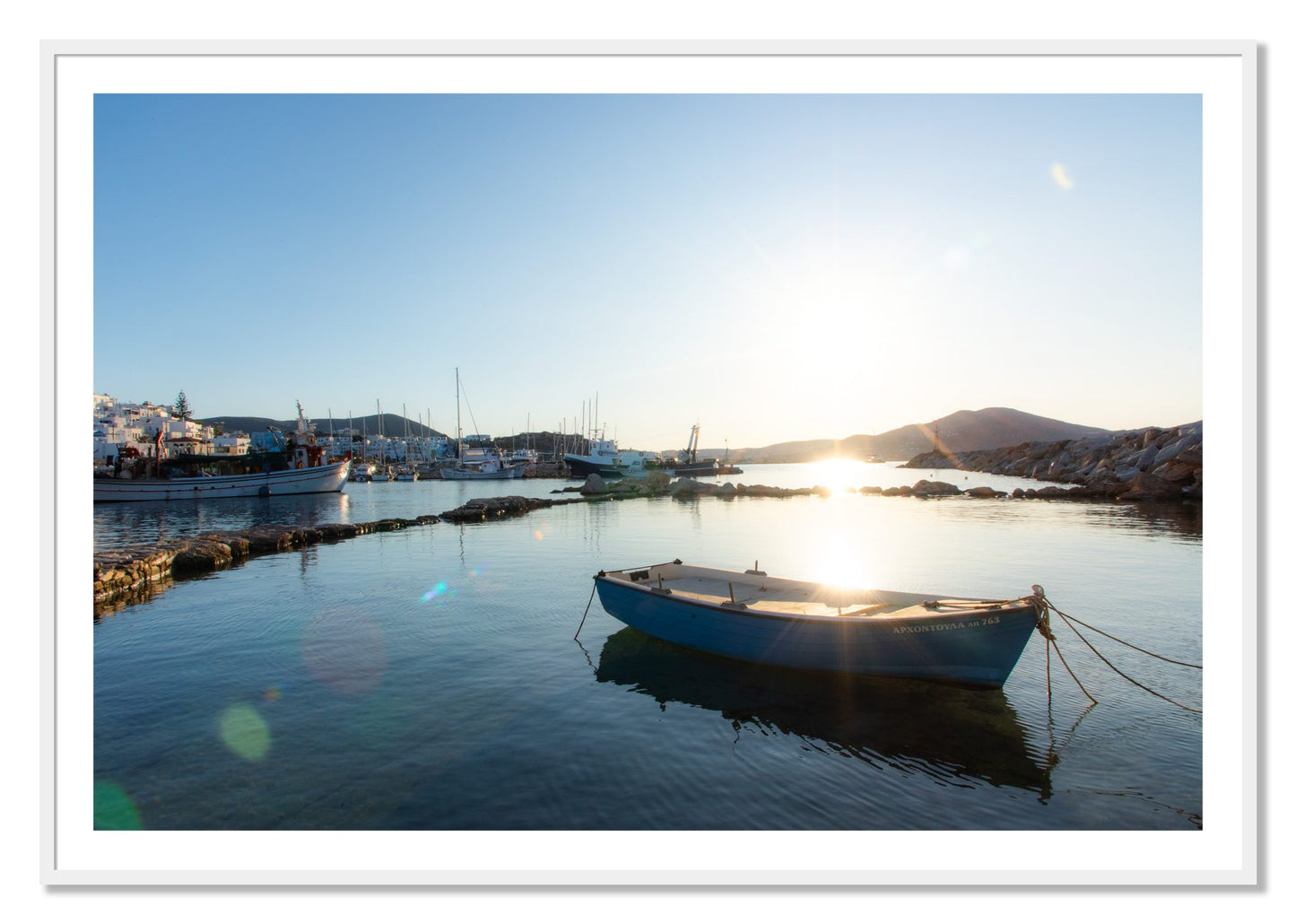 Framed photograph of Boat In Paros by Dylan Ozanich, White frame, Borders