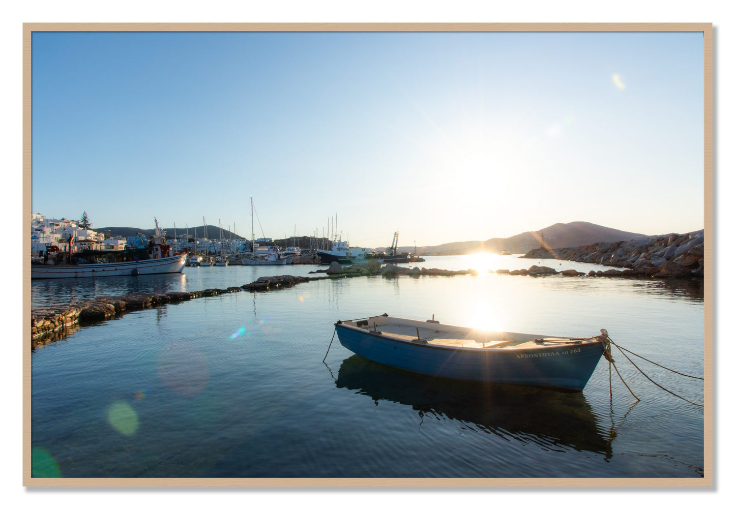 Framed photograph of Boat In Paros by Dylan Ozanich, Oak frame, Full Bleed