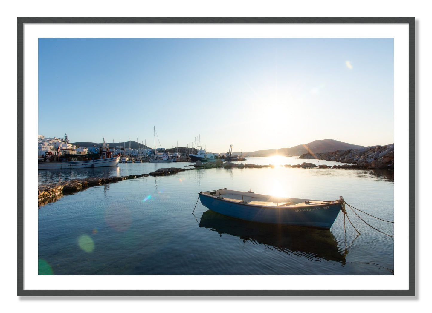 Framed photograph of Boat In Paros by Dylan Ozanich, Grey frame, Borders