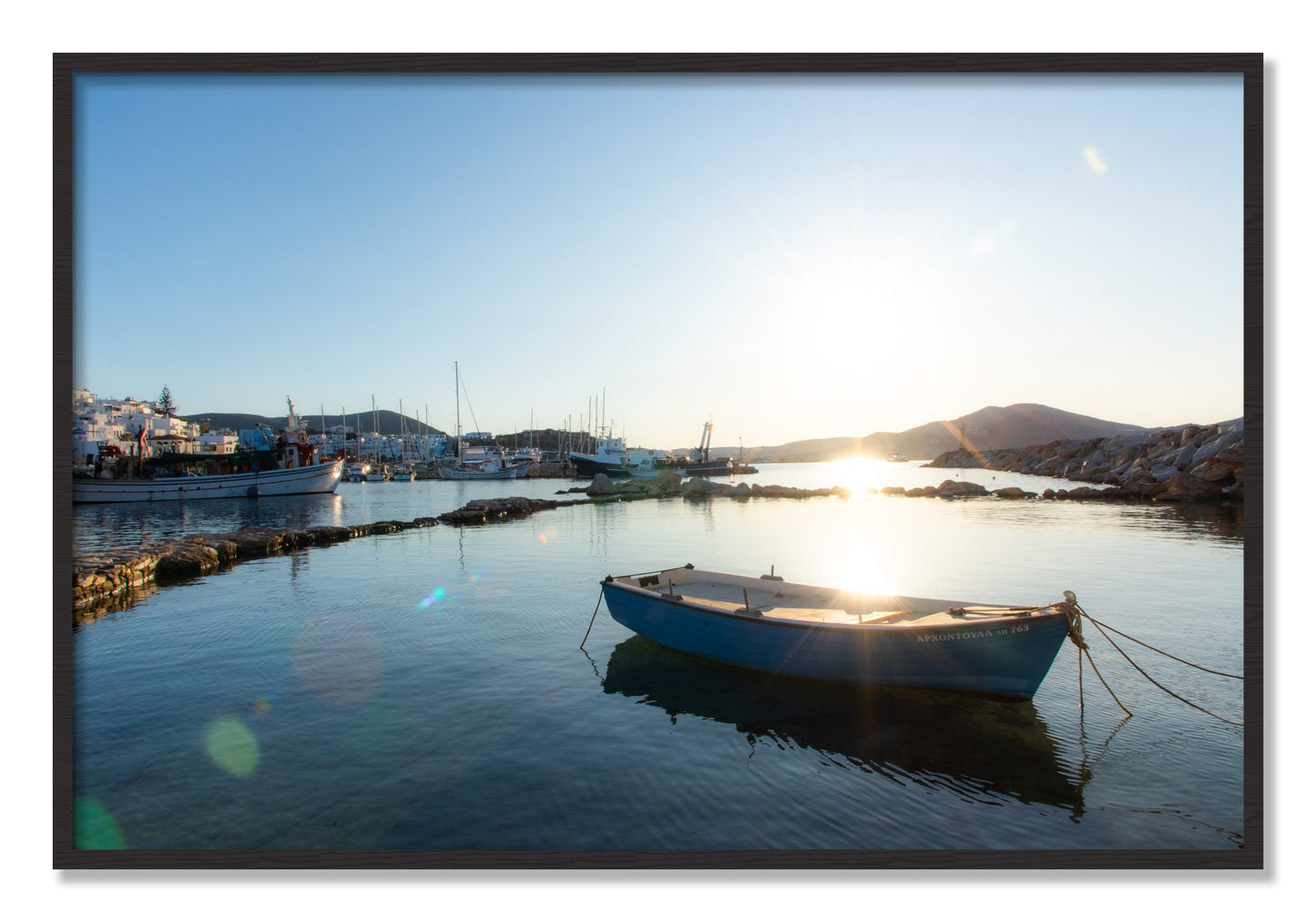 Framed photograph of Boat In Paros by Dylan Ozanich, Black Walnut frame, Full Bleed