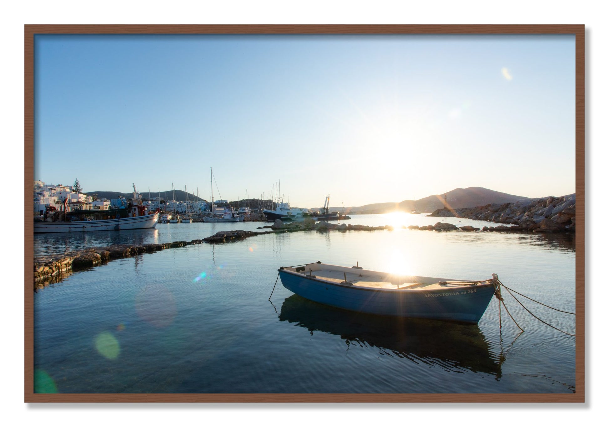 Framed photograph of Boat In Paros by Dylan Ozanich, Walnut frame, Full Bleed