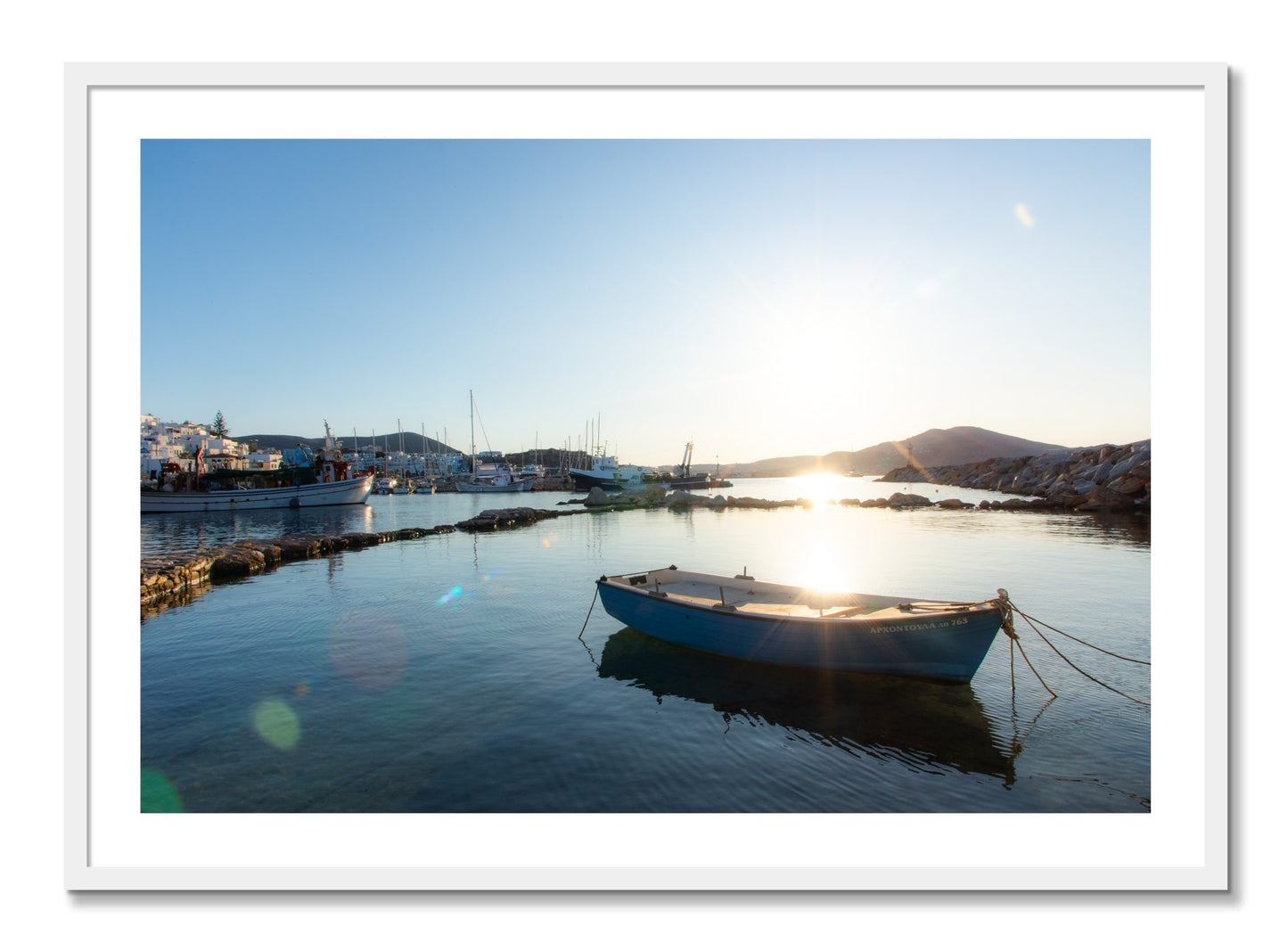Framed photograph of Boat In Paros by Dylan Ozanich, White frame, Borders