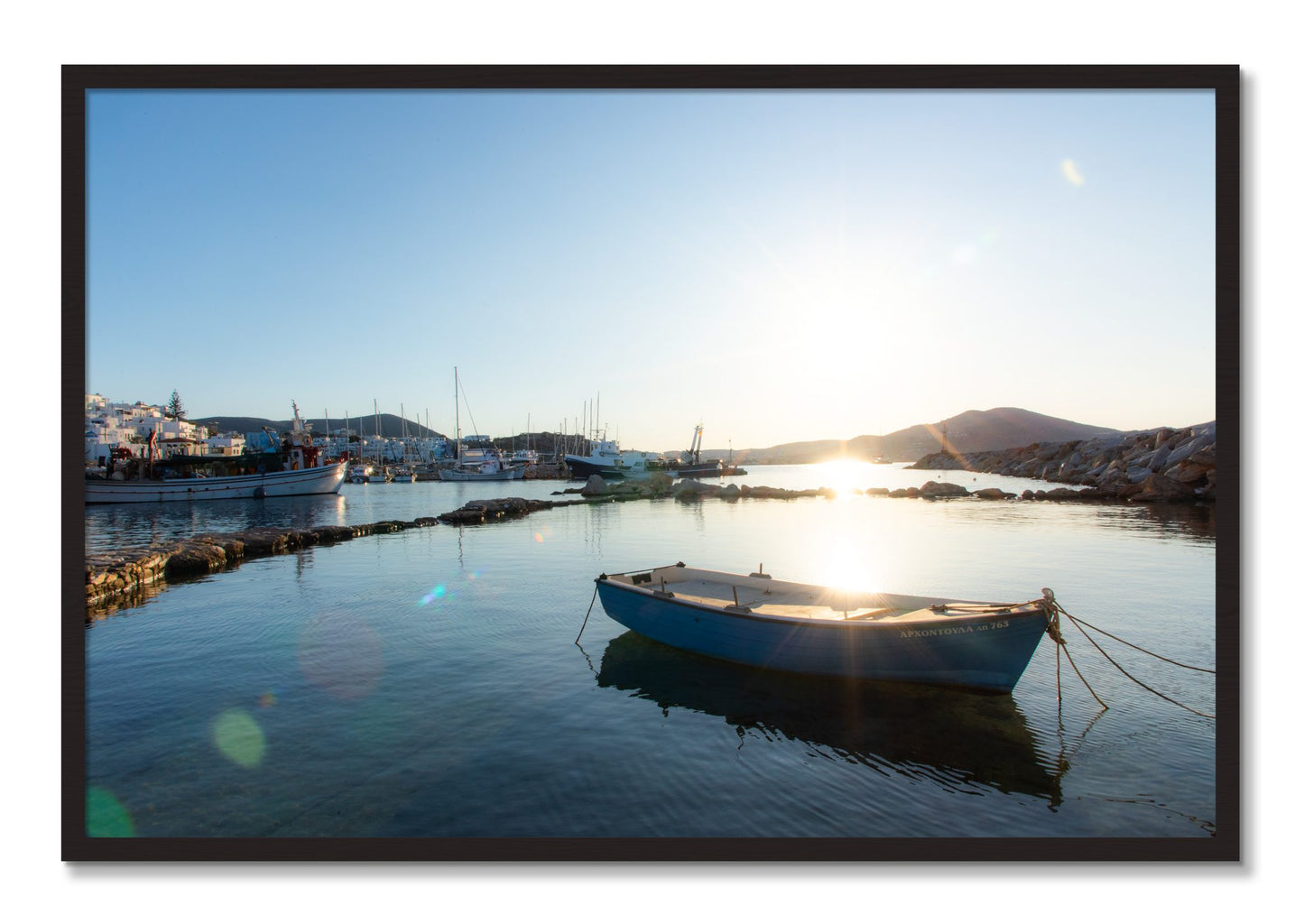 Framed photograph of Boat In Paros by Dylan Ozanich, Black Walnut frame, Full Bleed