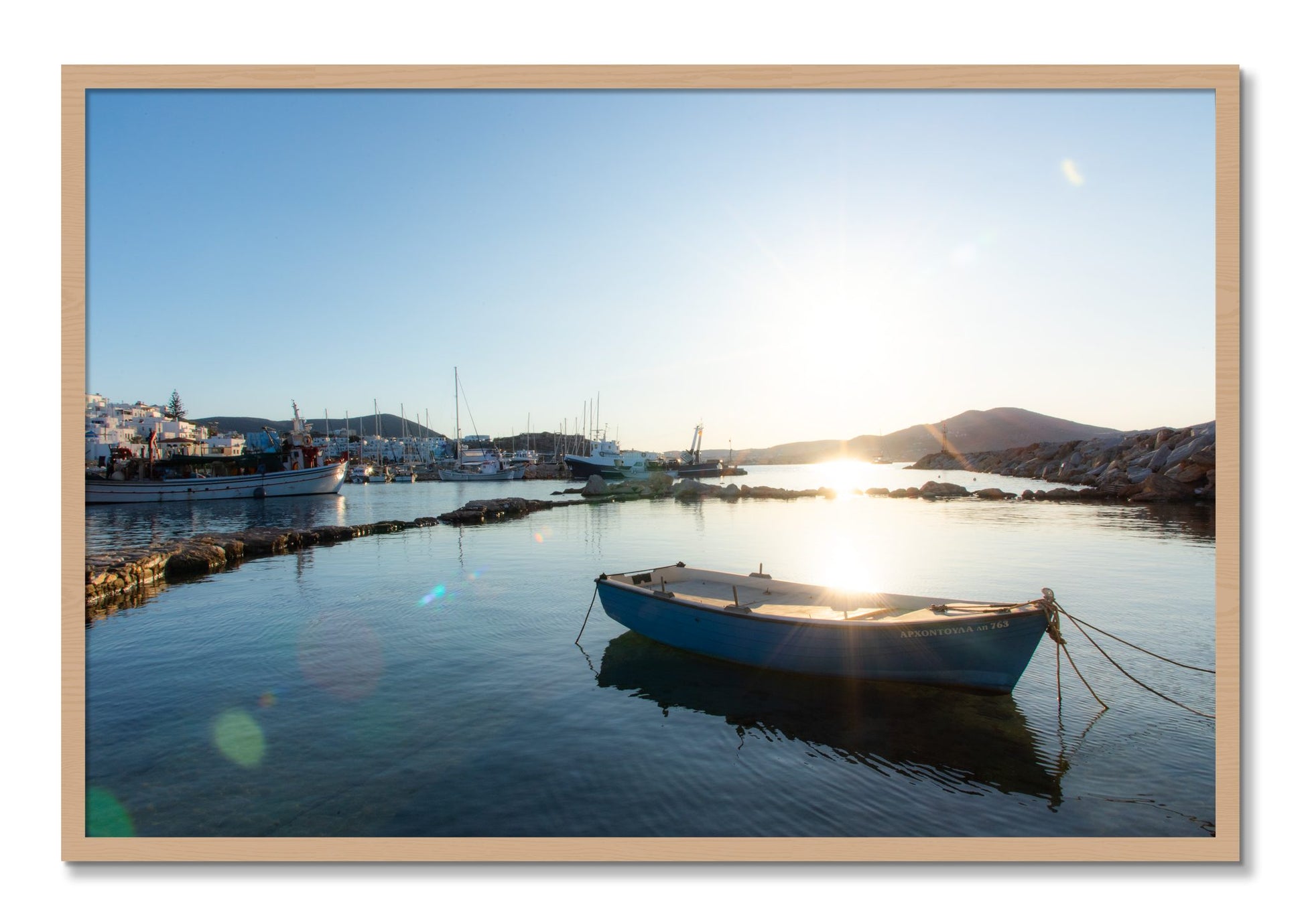 Framed photograph of Boat In Paros by Dylan Ozanich, Oak frame, Full Bleed