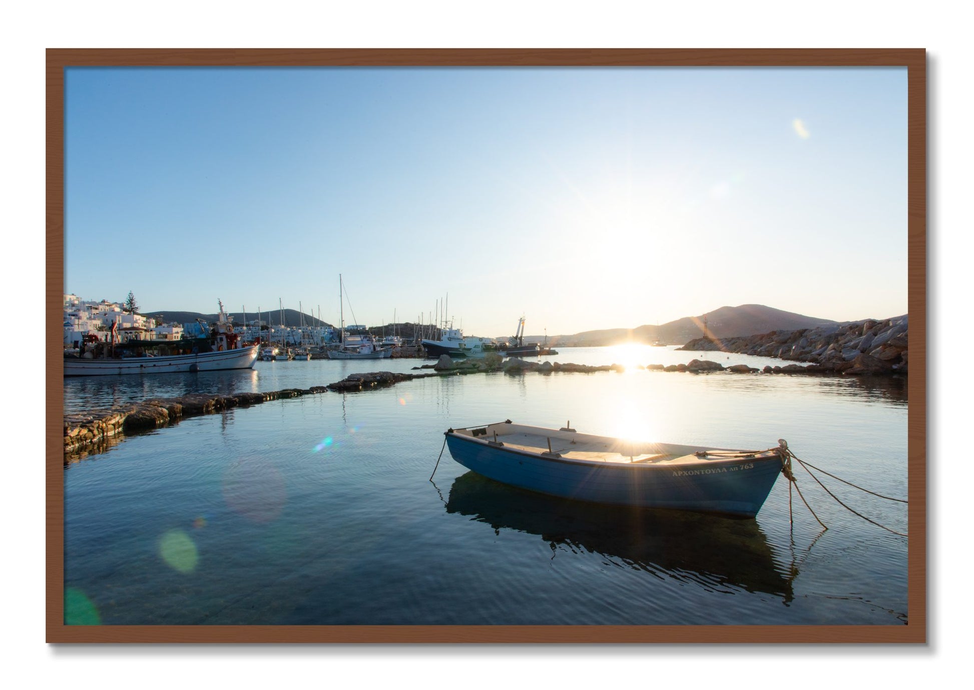 Framed photograph of Boat In Paros by Dylan Ozanich, Walnut frame, Full Bleed