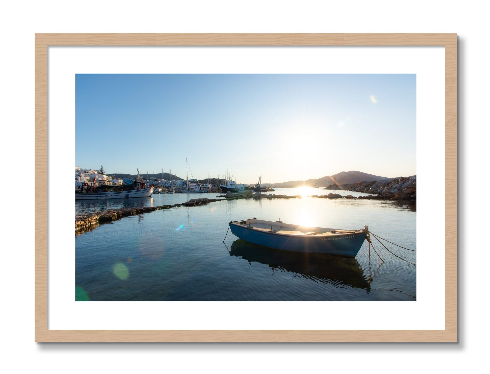 Framed photograph of Boat In Paros by Dylan Ozanich, Oak frame, Borders