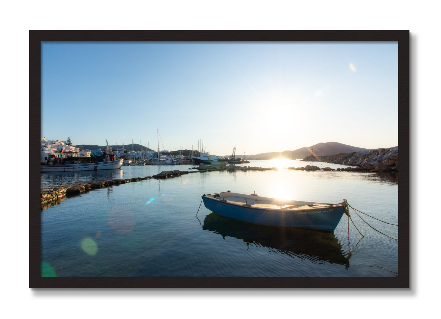 Framed photograph of Boat In Paros by Dylan Ozanich, Black Walnut frame, Full Bleed