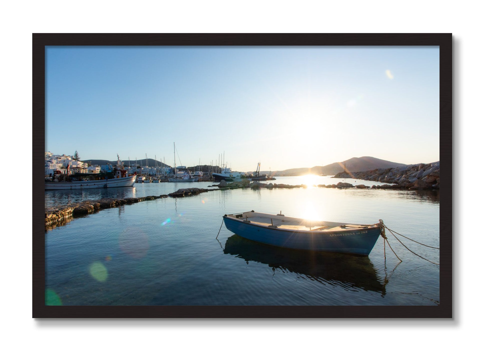 Framed photograph of Boat In Paros by Dylan Ozanich, Black Walnut frame, Full Bleed