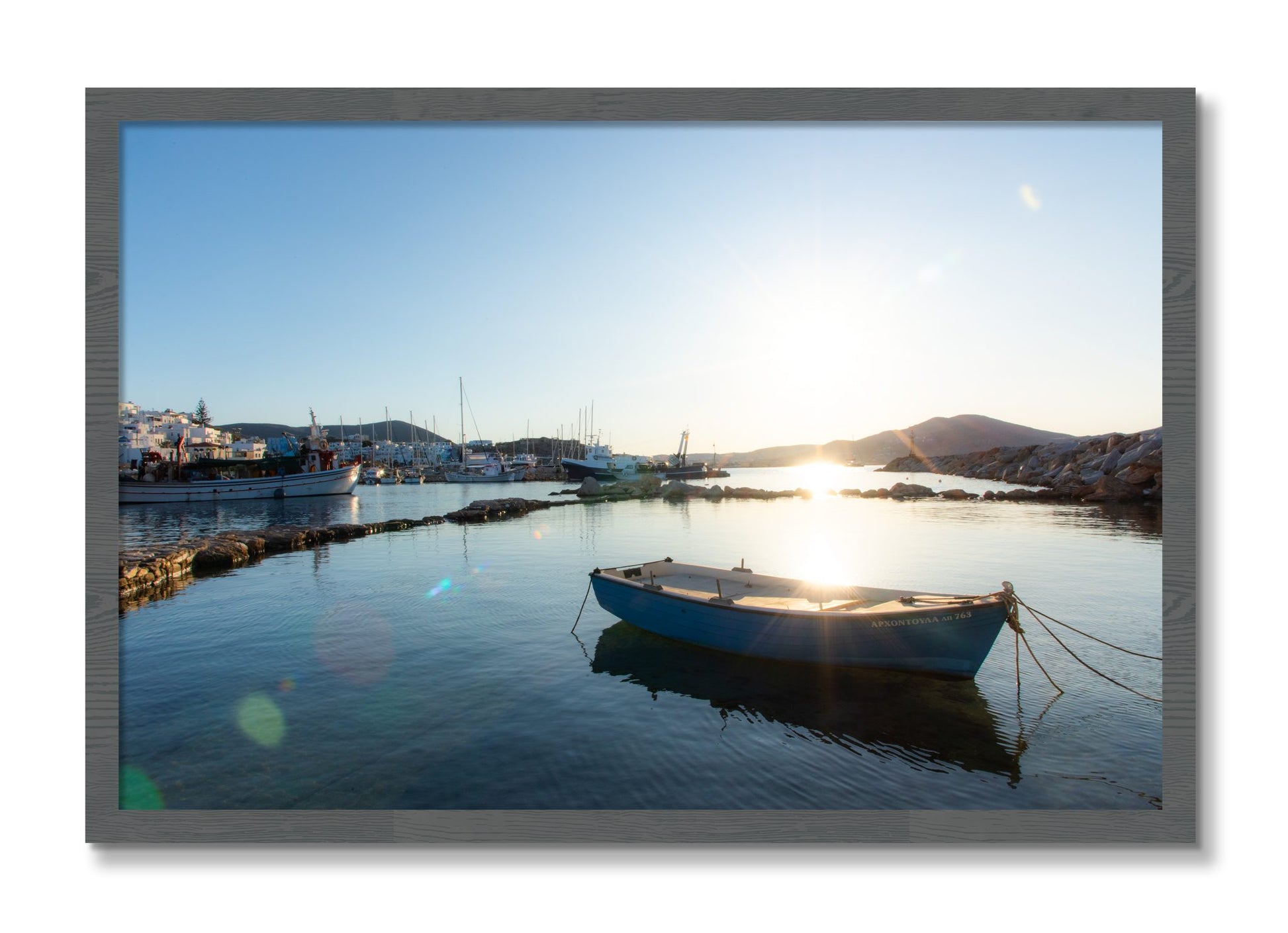 Framed photograph of Boat In Paros by Dylan Ozanich, Grey frame, Full Bleed