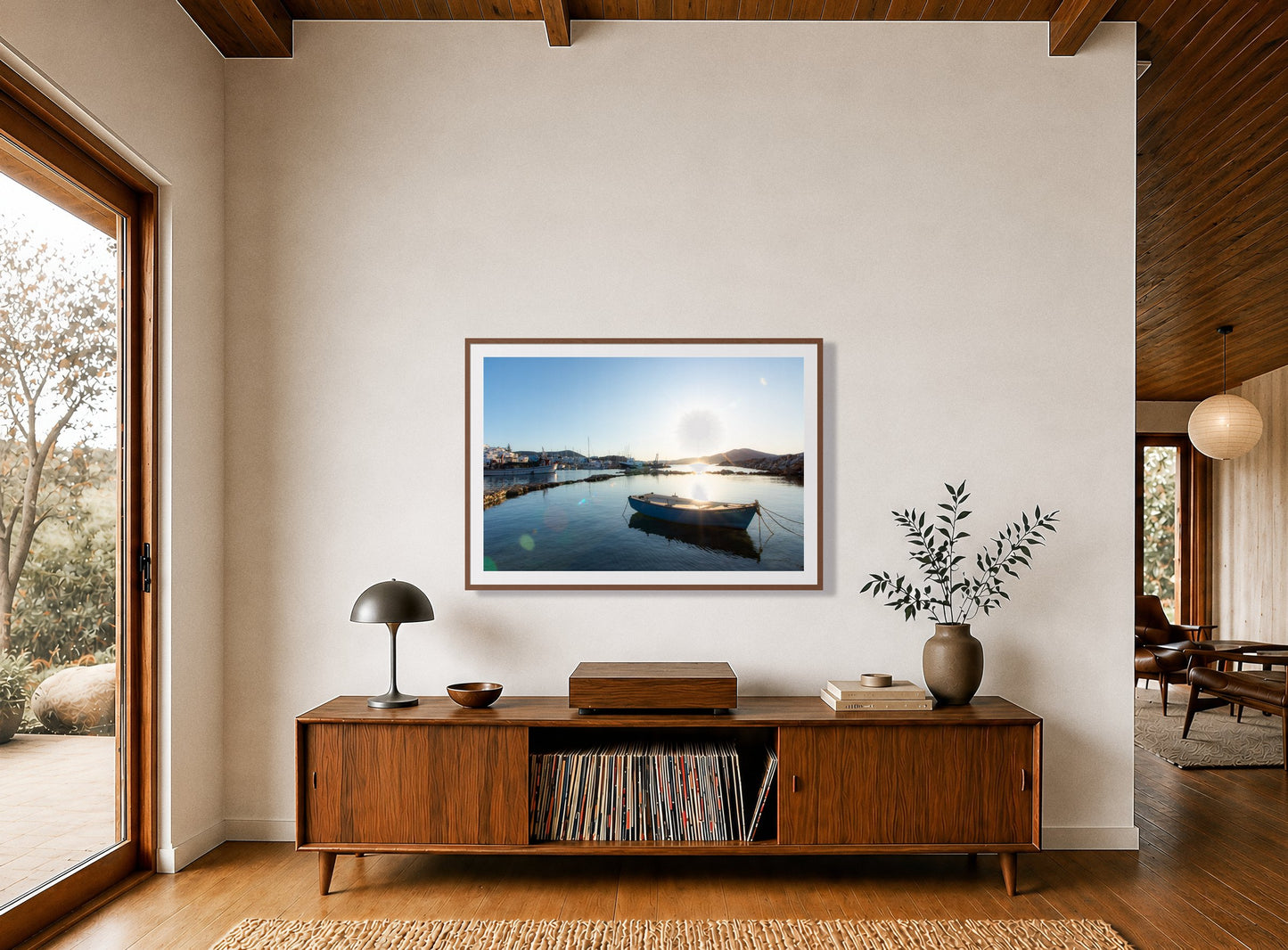 Framed photograph of Boat In Paros by Dylan Ozanich displayed on a wall