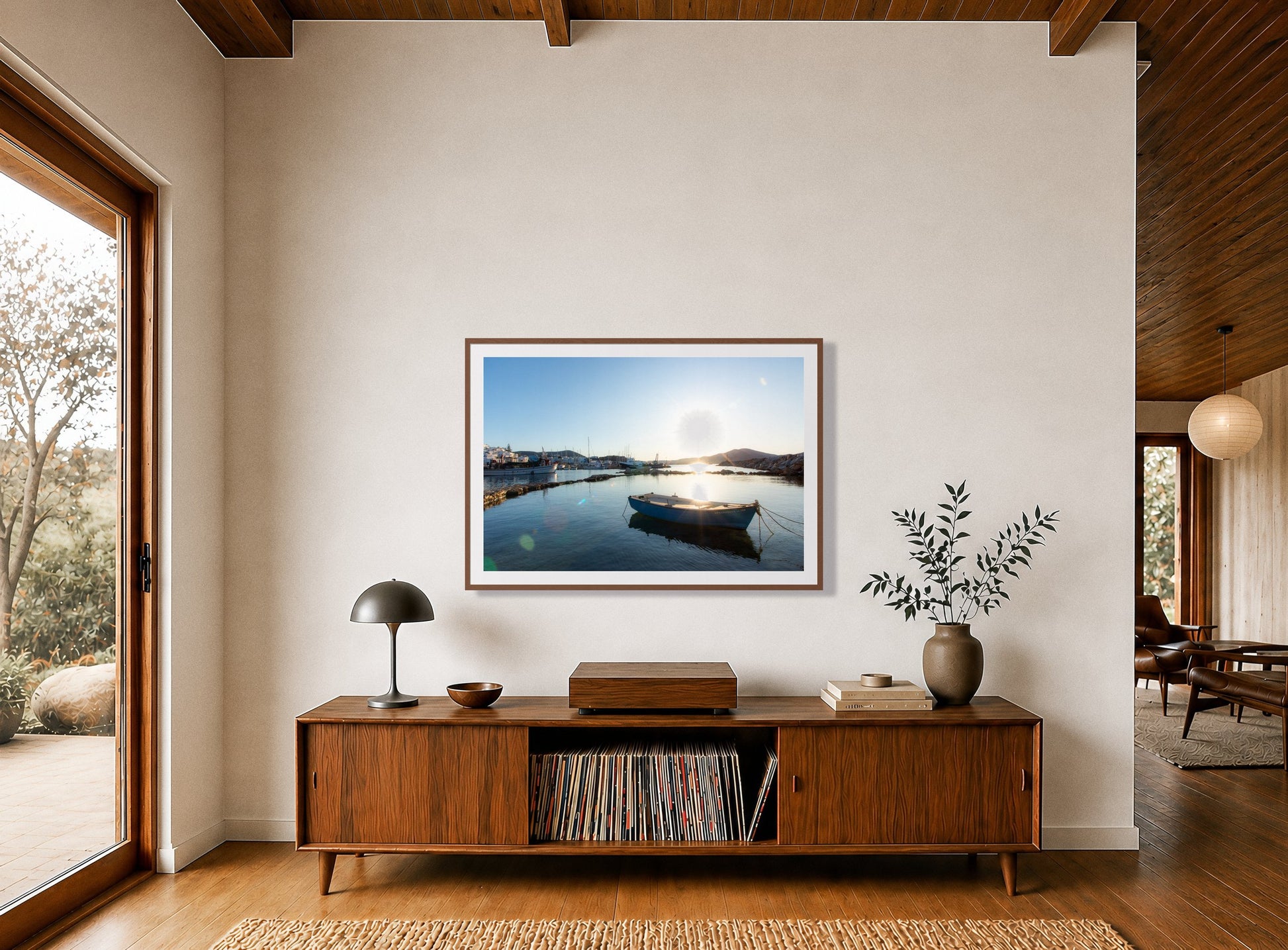Framed photograph of Boat In Paros by Dylan Ozanich displayed on a wall