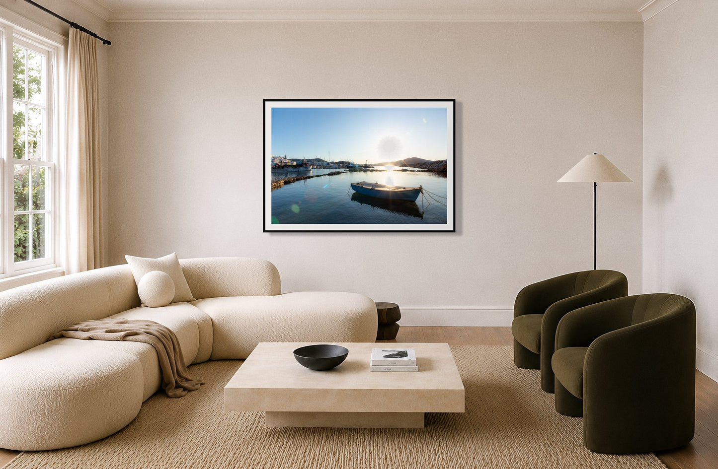 Framed photograph of Boat In Paros by Dylan Ozanich displayed on a wall