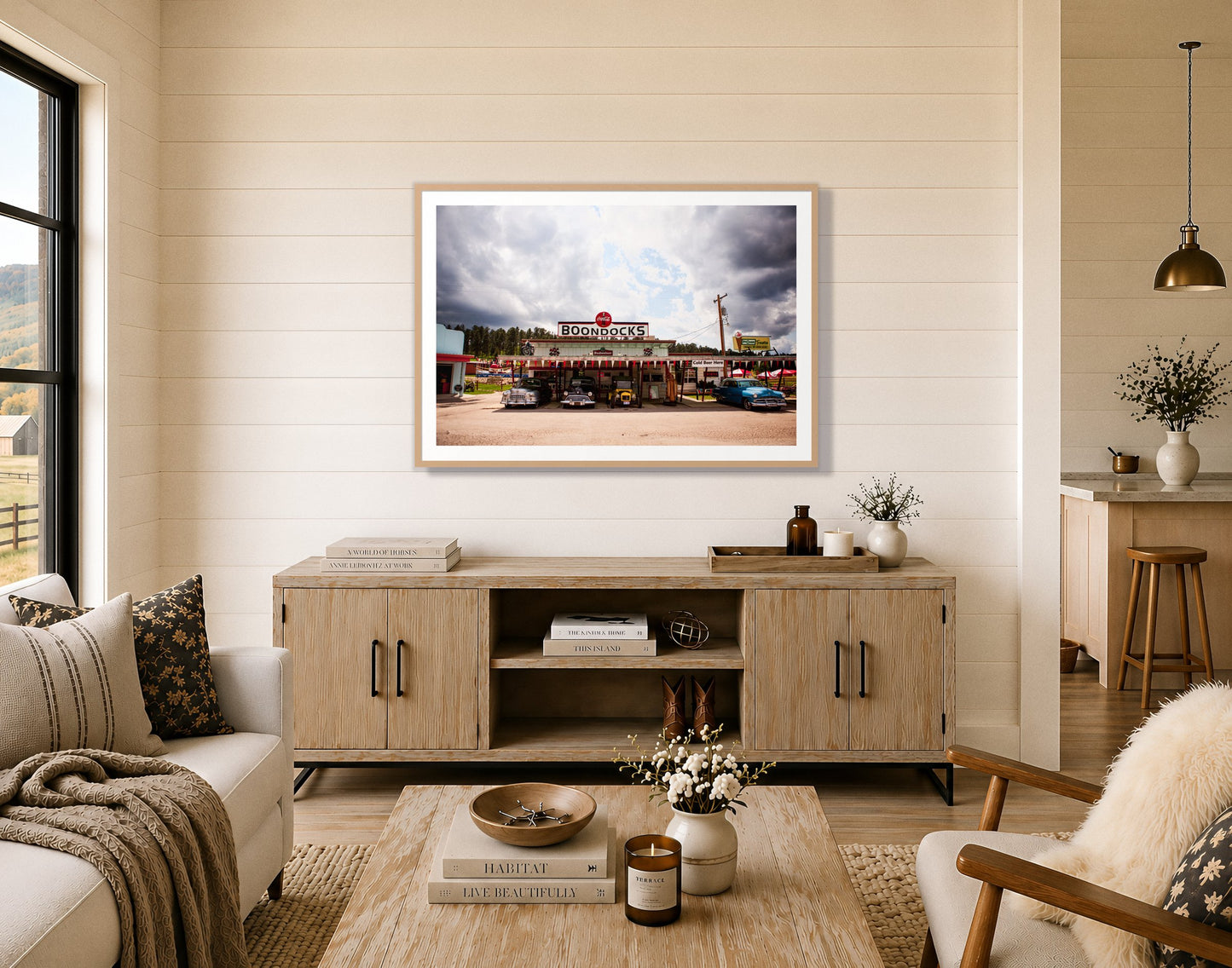 Boondocks by Dylan Ozanich in an Oak frame, on a shiplap wall above an oak credenza in a modern farmhouse living room