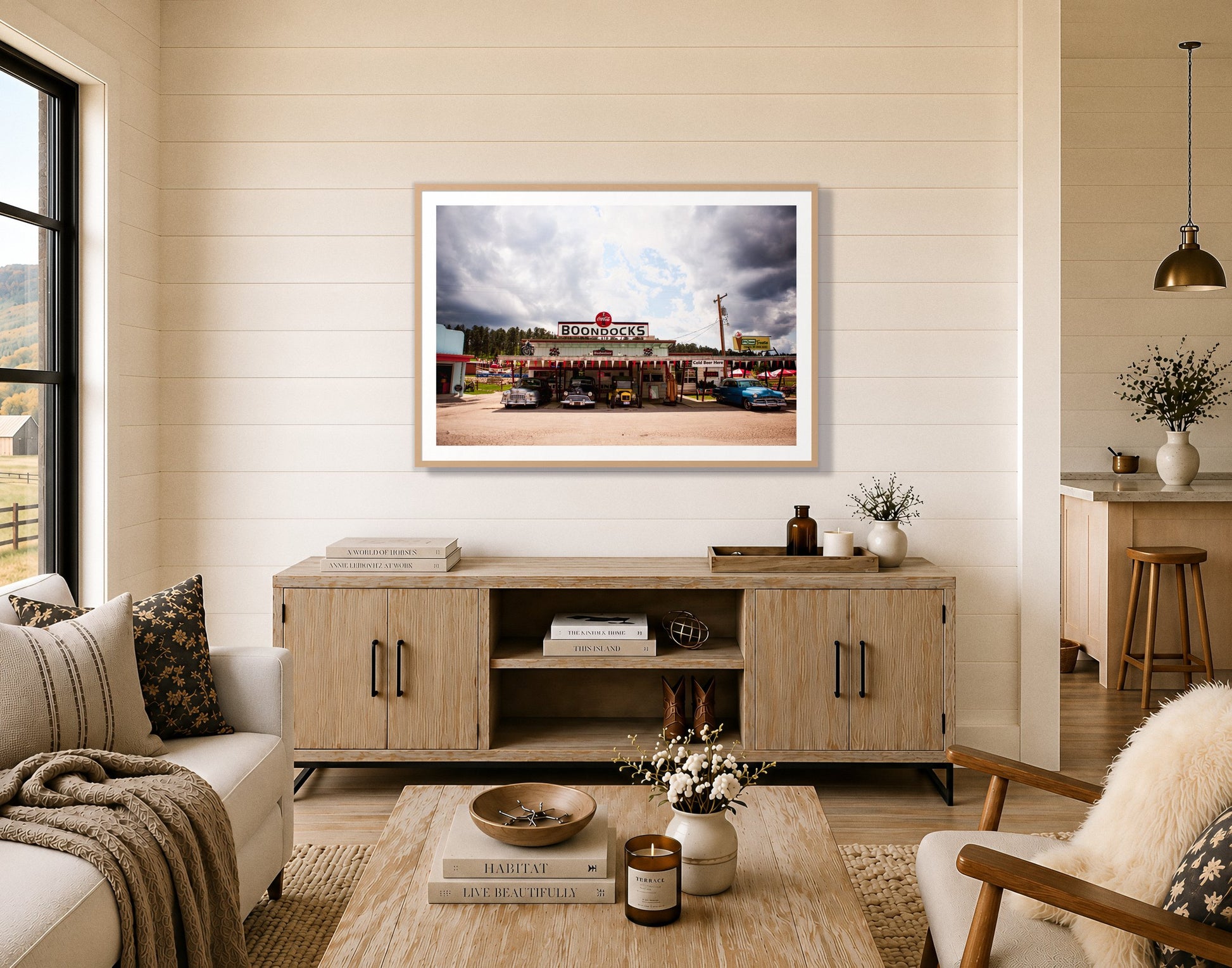 Boondocks by Dylan Ozanich in an Oak frame, on a shiplap wall above an oak credenza in a modern farmhouse living room