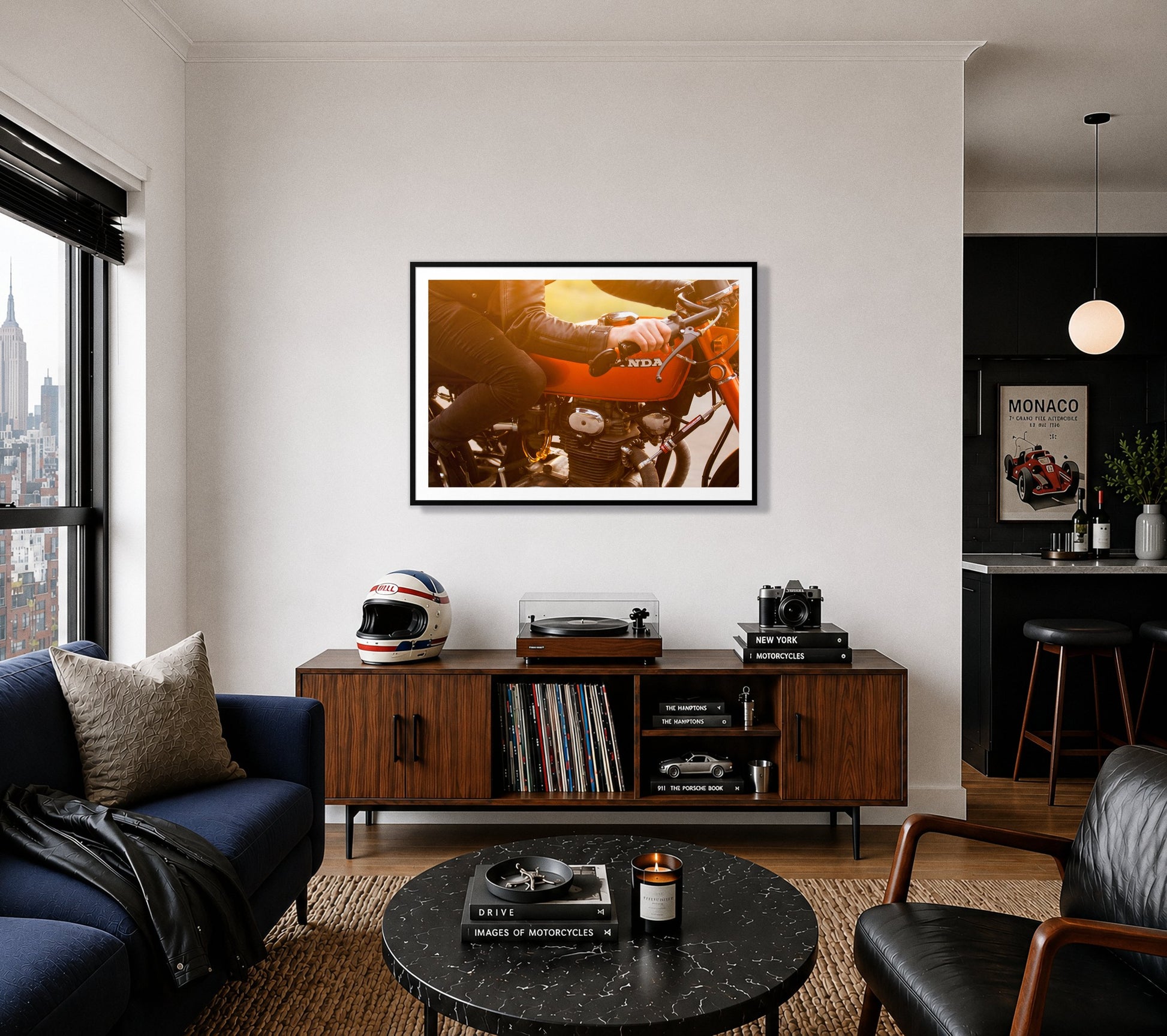 Cafe Costa by Dylan Ozanich in a Black frame, above a record console in a city apartment with a turntable and vintage helmet