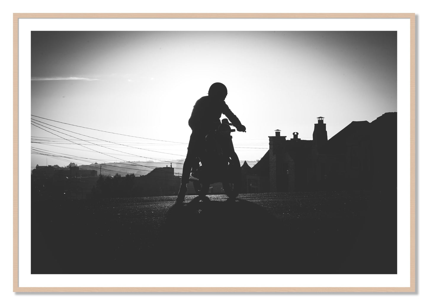 Framed photograph of Cafe Racer by Dylan Ozanich, Maple frame, Borders