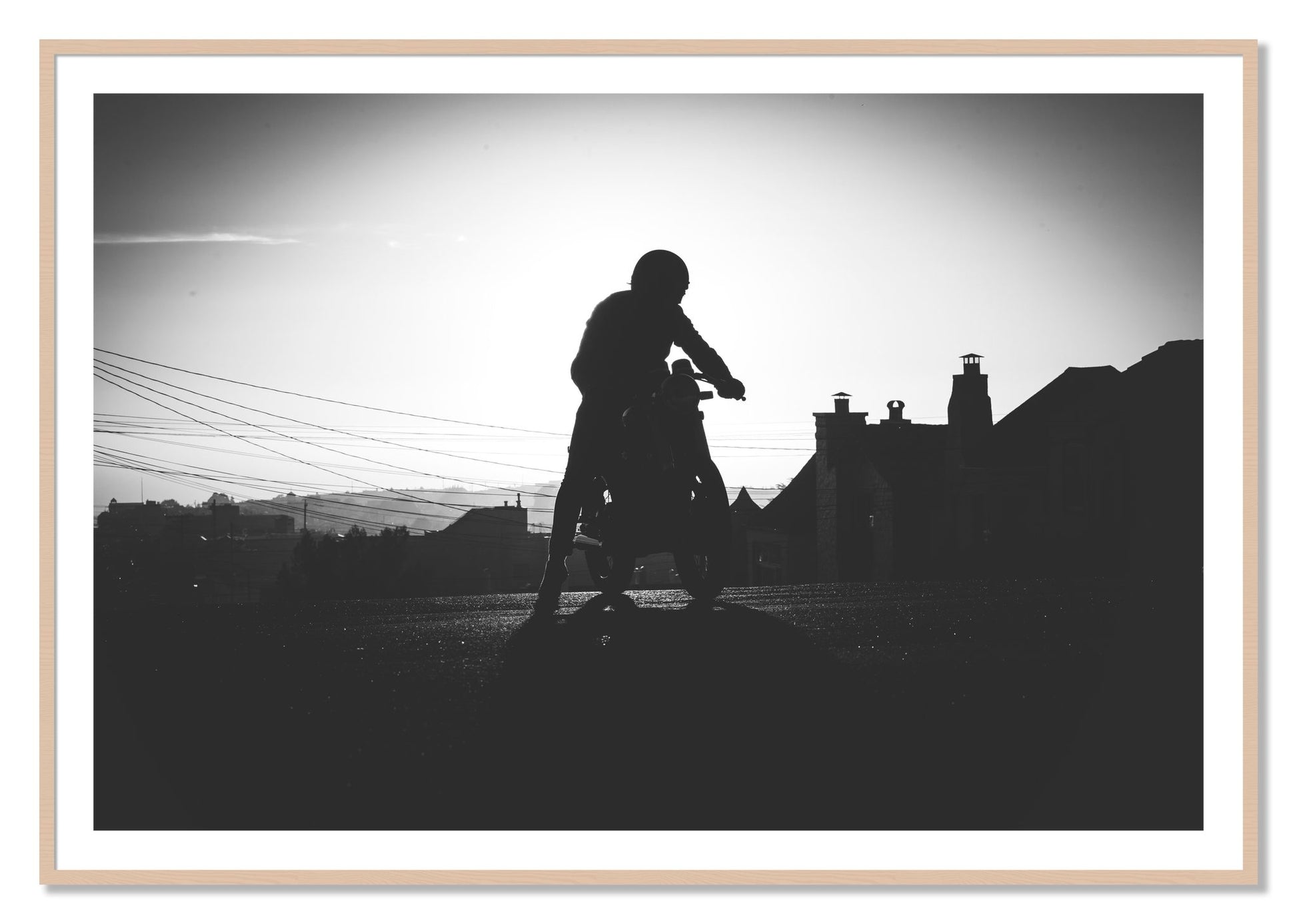 Framed photograph of Cafe Racer by Dylan Ozanich, Maple frame, Borders
