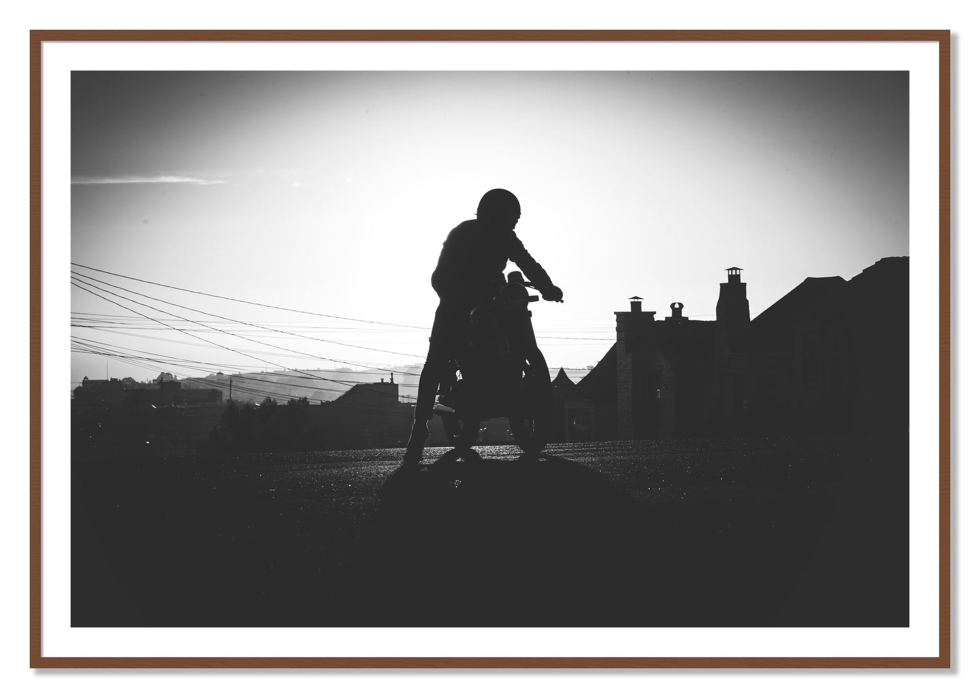Framed photograph of Cafe Racer by Dylan Ozanich, Walnut frame, Borders
