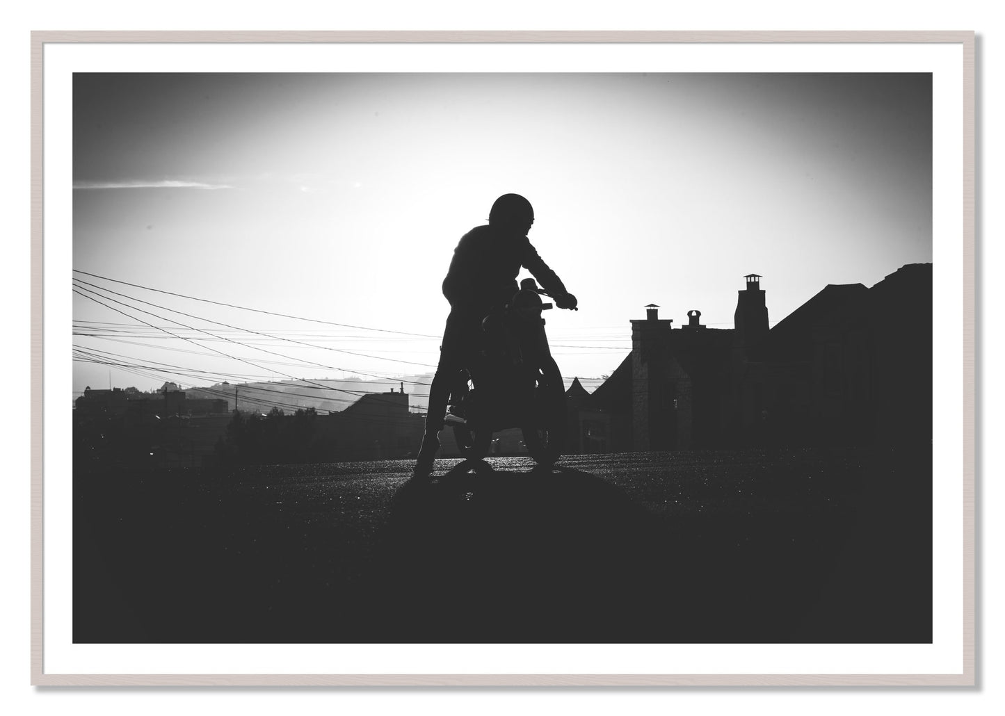 Framed photograph of Cafe Racer by Dylan Ozanich, White Maple frame, Borders