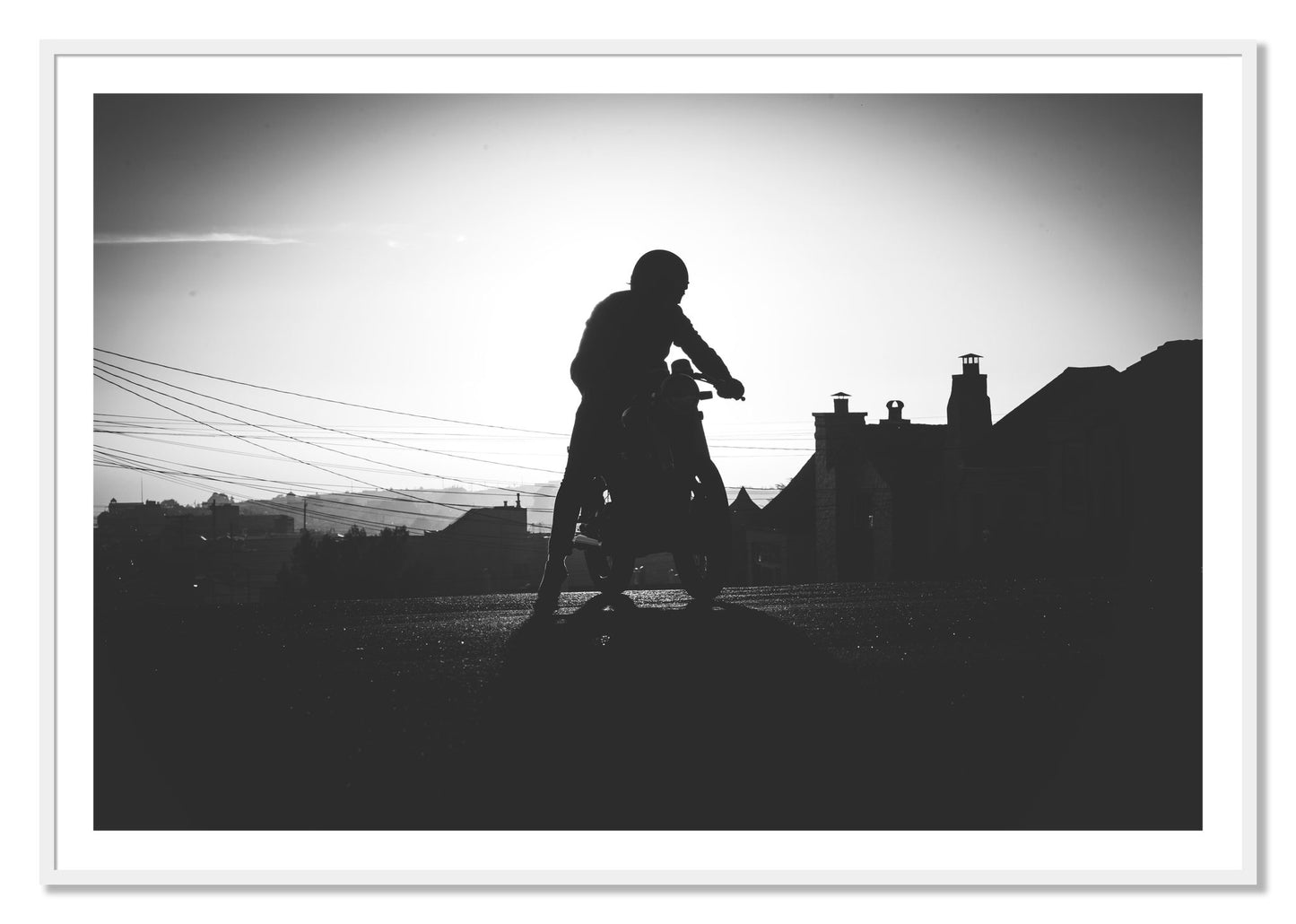 Framed photograph of Cafe Racer by Dylan Ozanich, White frame, Borders