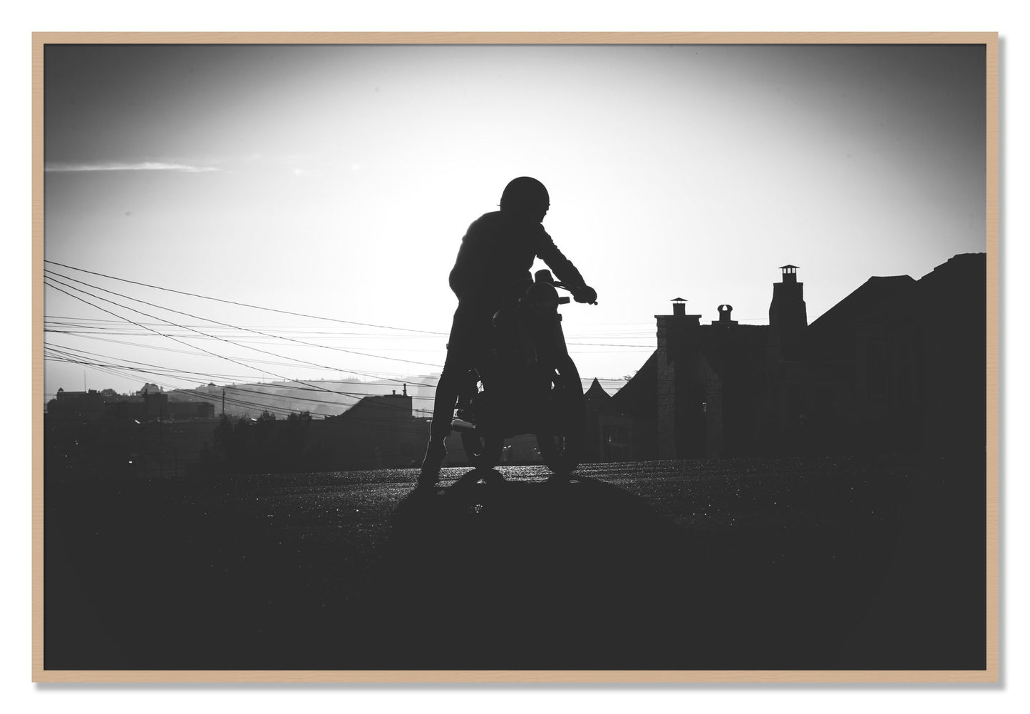 Framed photograph of Cafe Racer by Dylan Ozanich, Oak frame, Full Bleed