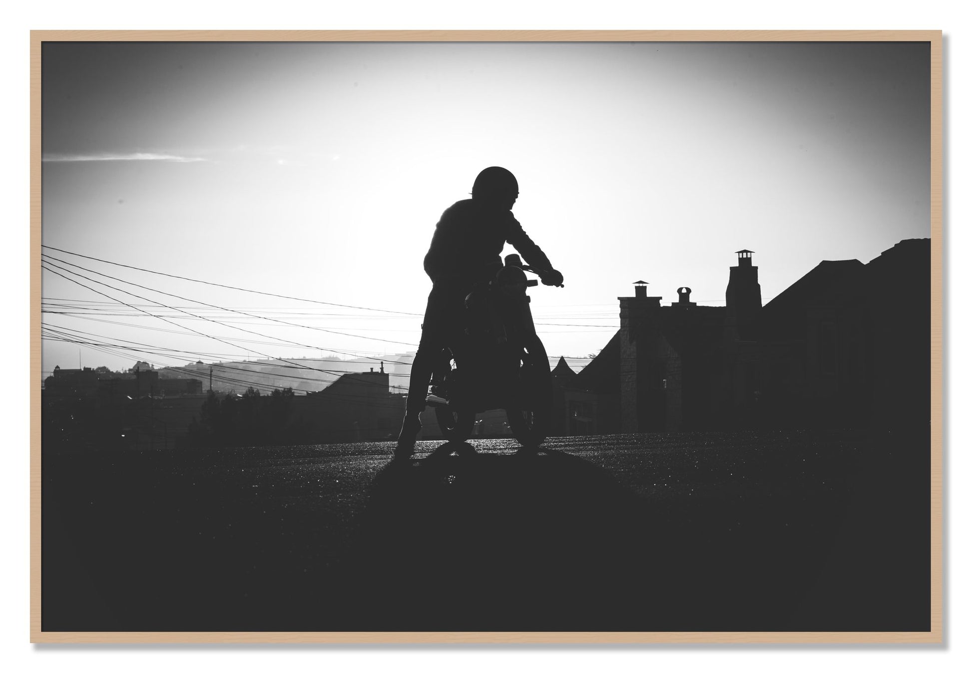 Framed photograph of Cafe Racer by Dylan Ozanich, Oak frame, Full Bleed