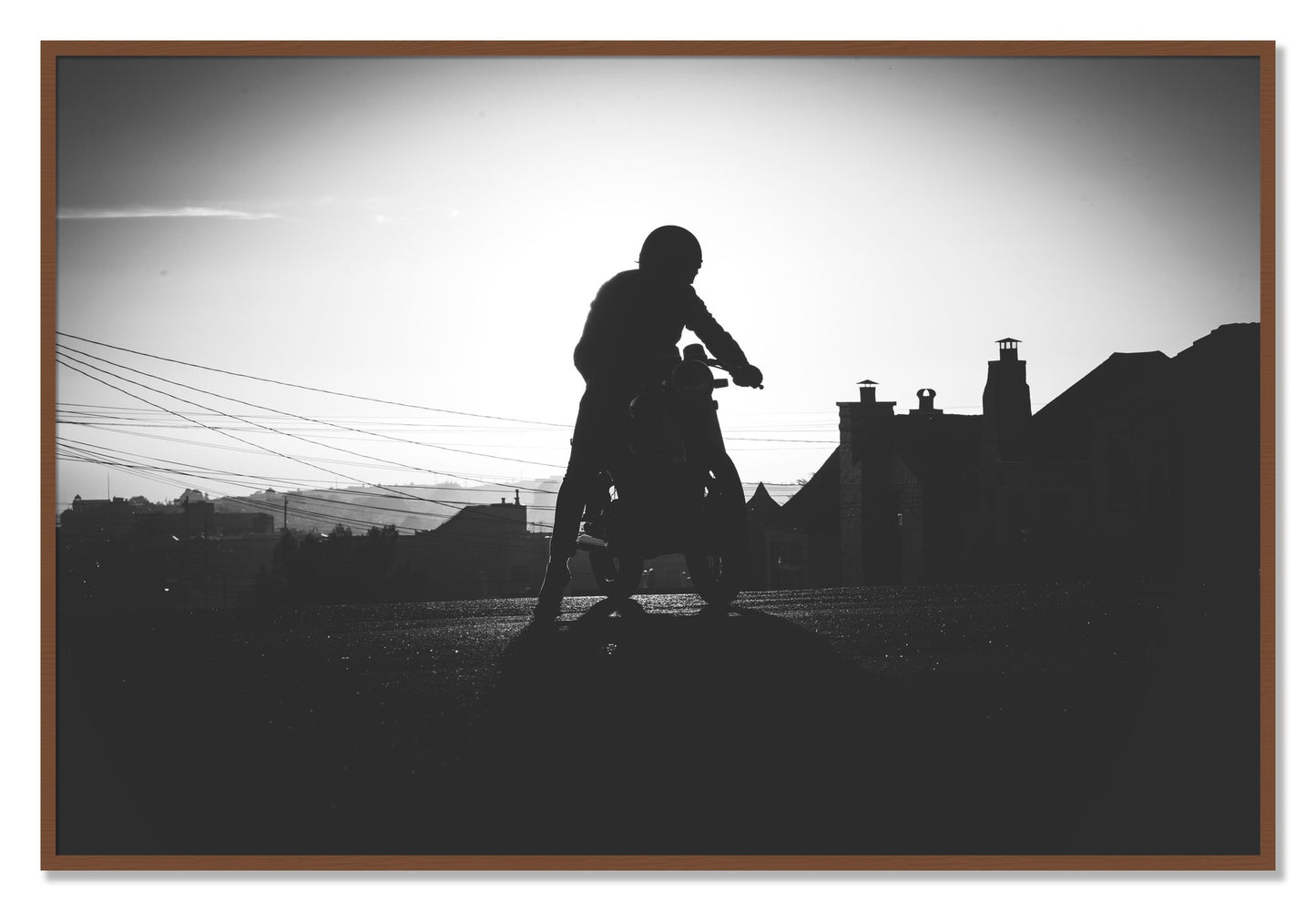 Framed photograph of Cafe Racer by Dylan Ozanich, Walnut frame, Full Bleed